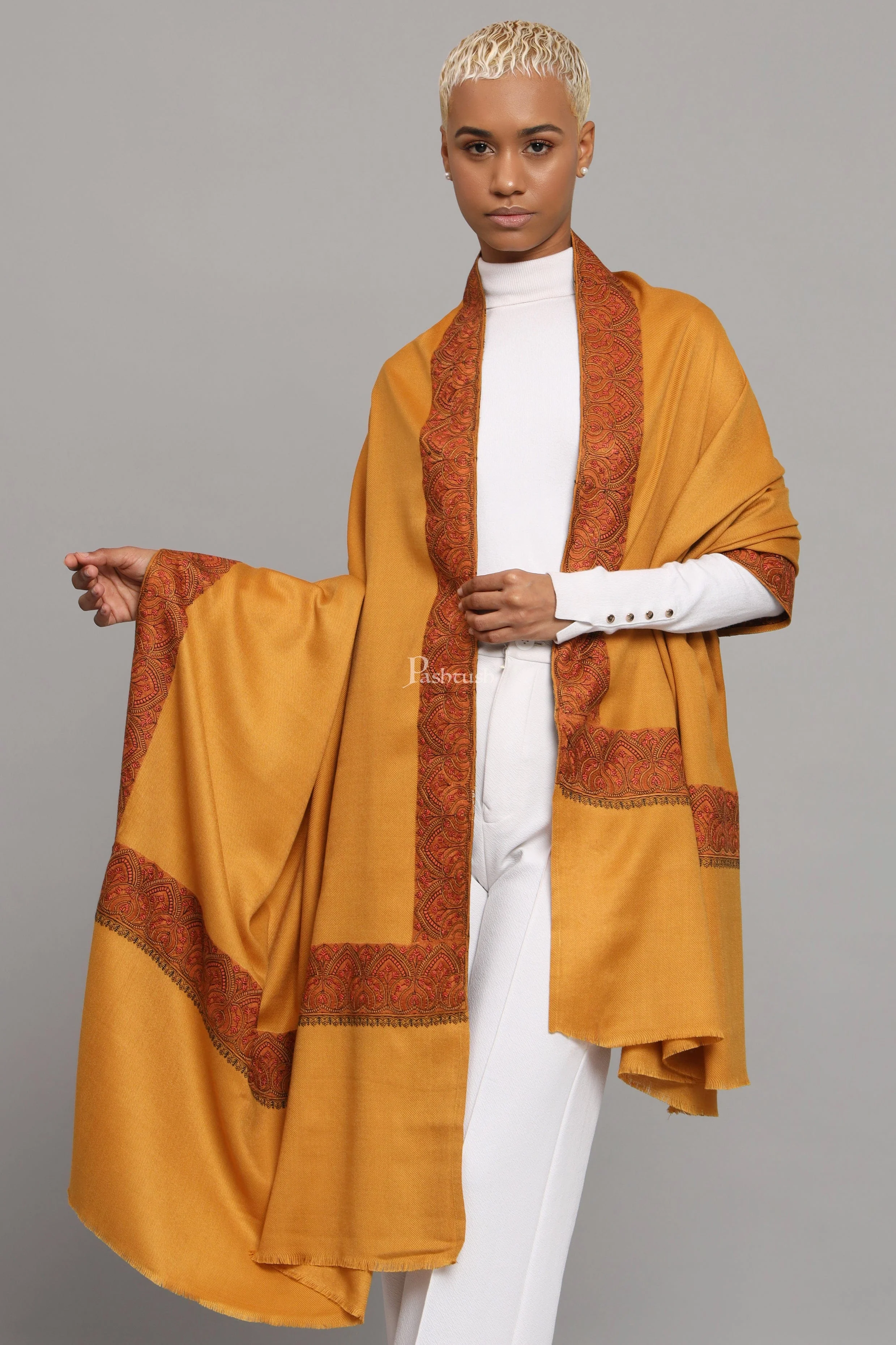 Pashtush Womens Woollen Shawl, Thick Woollen, Kashmiri Embroidery Design, Mustard - Image 9