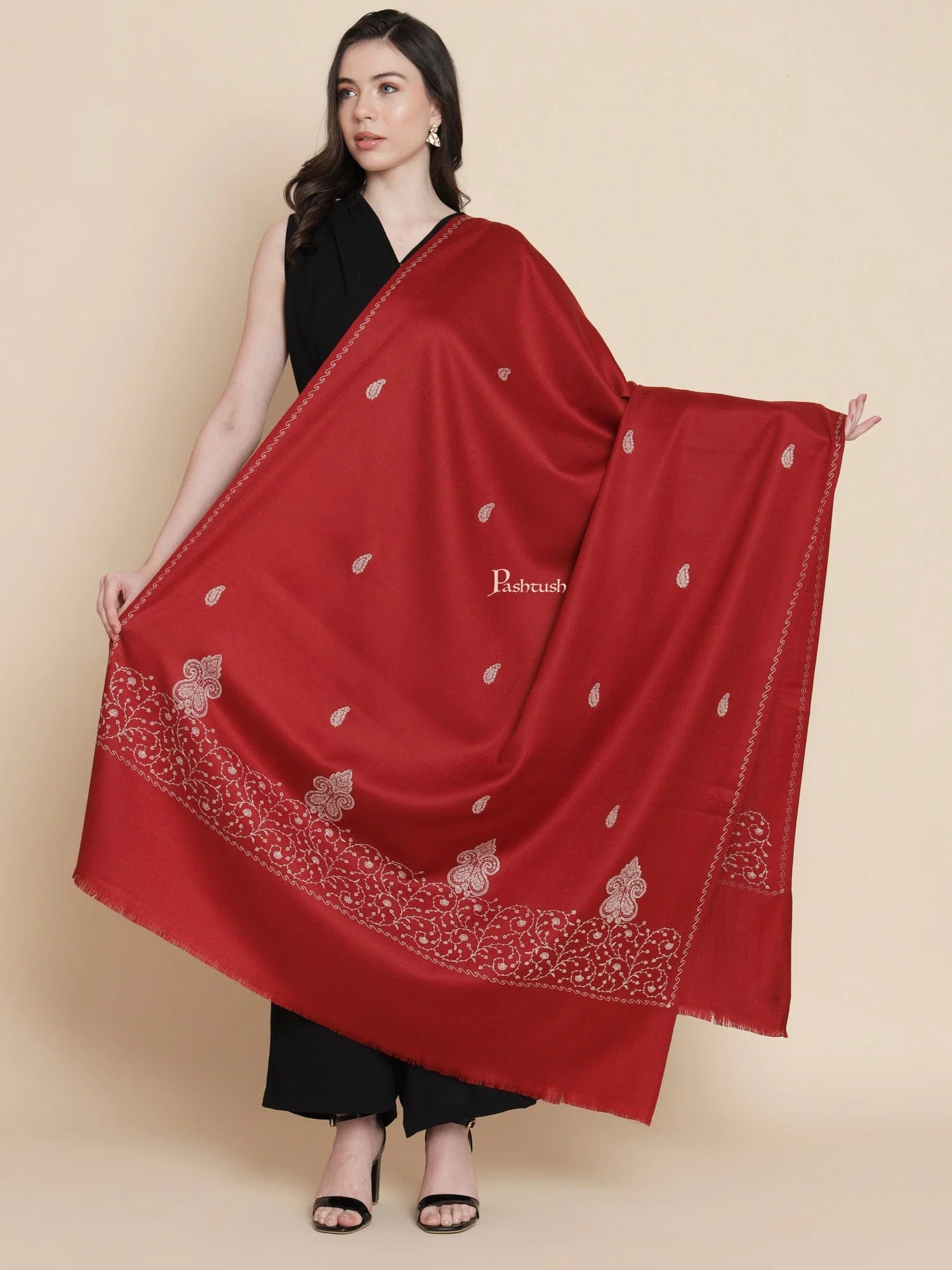 Pashtush Womens Woollen Shawl, Tone And Tone Palla Embroidery Paisley Design, Maroon