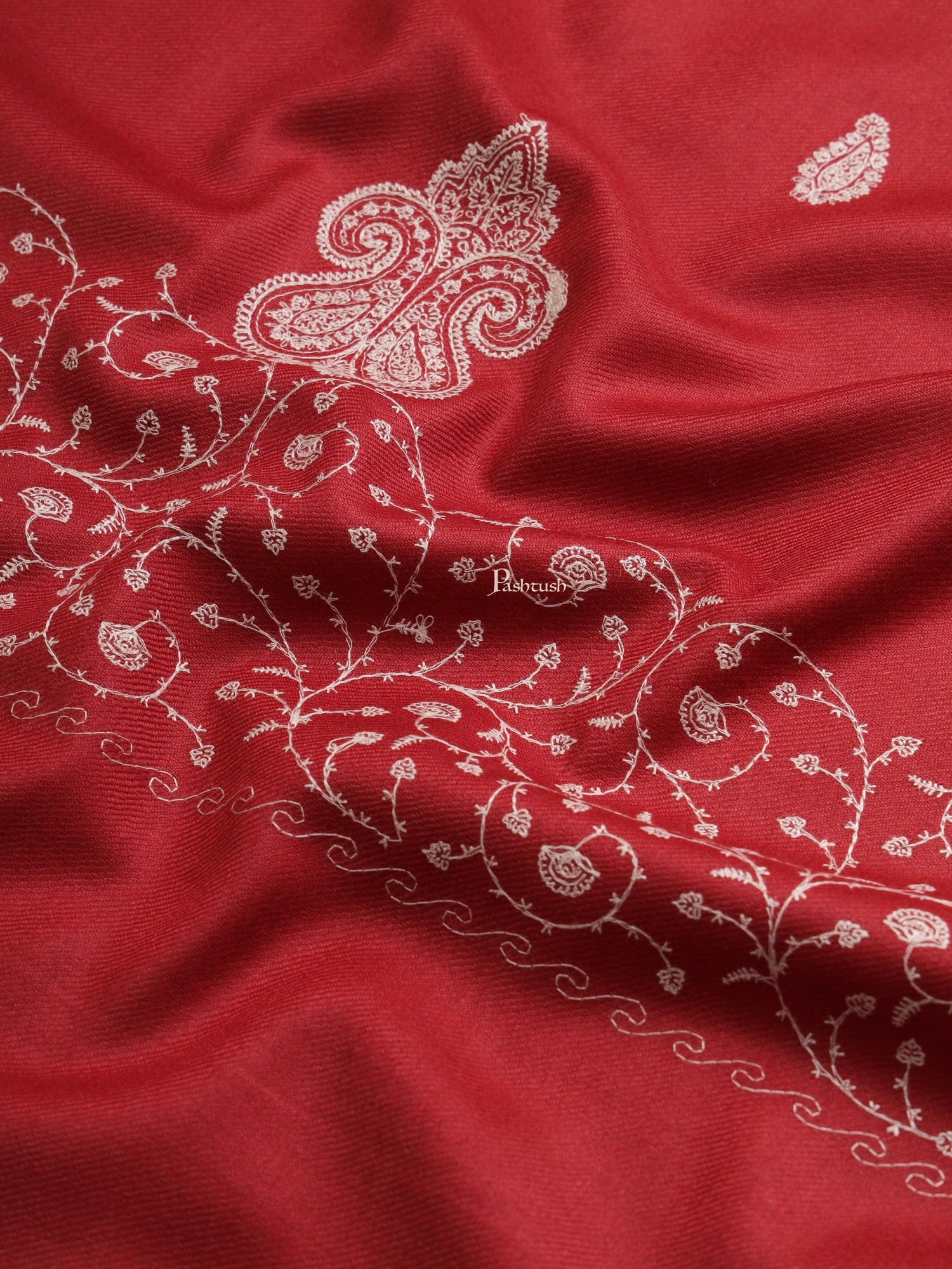 Pashtush Womens Woollen Shawl, Tone And Tone Palla Embroidery Paisley Design, Maroon - Image 2