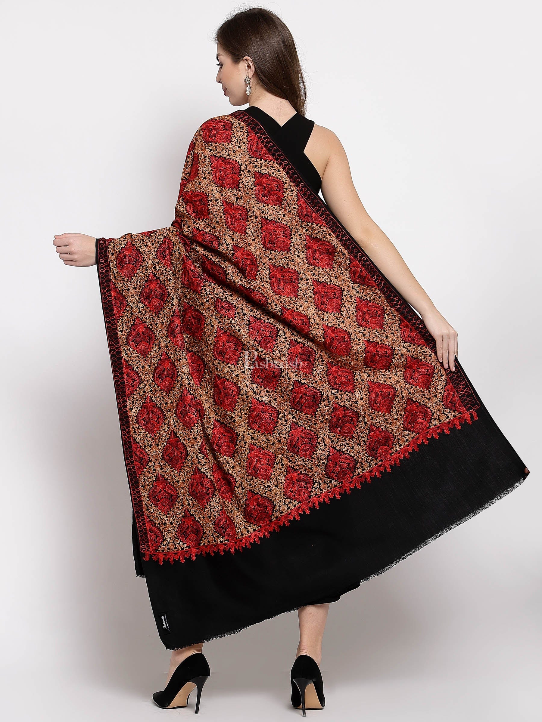 Pashtush Womens Woollen, Silky Aari Embroidery Needlework Stole, Black - Image 3