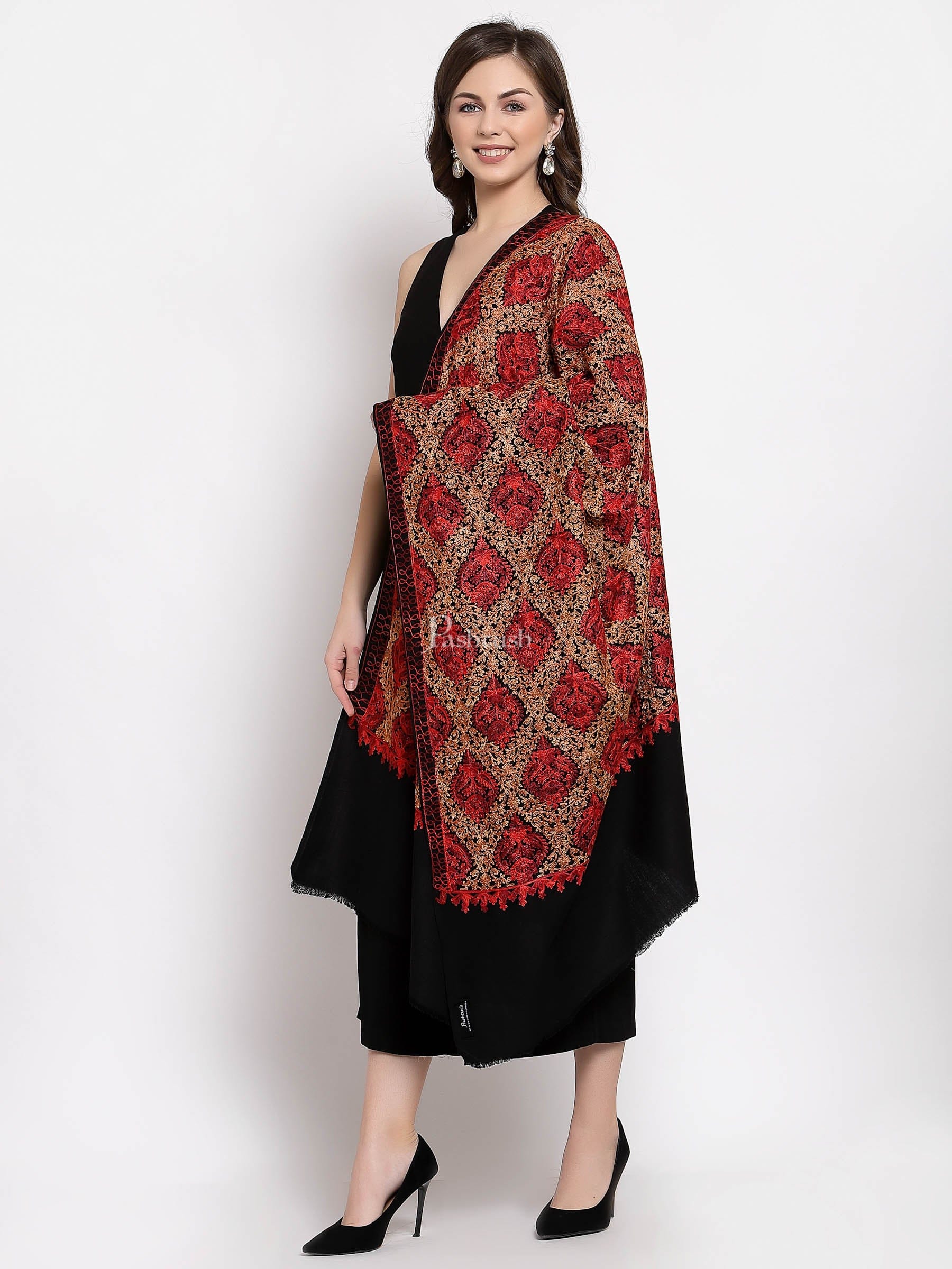 Pashtush Womens Woollen, Silky Aari Embroidery Needlework Stole, Black - Image 4