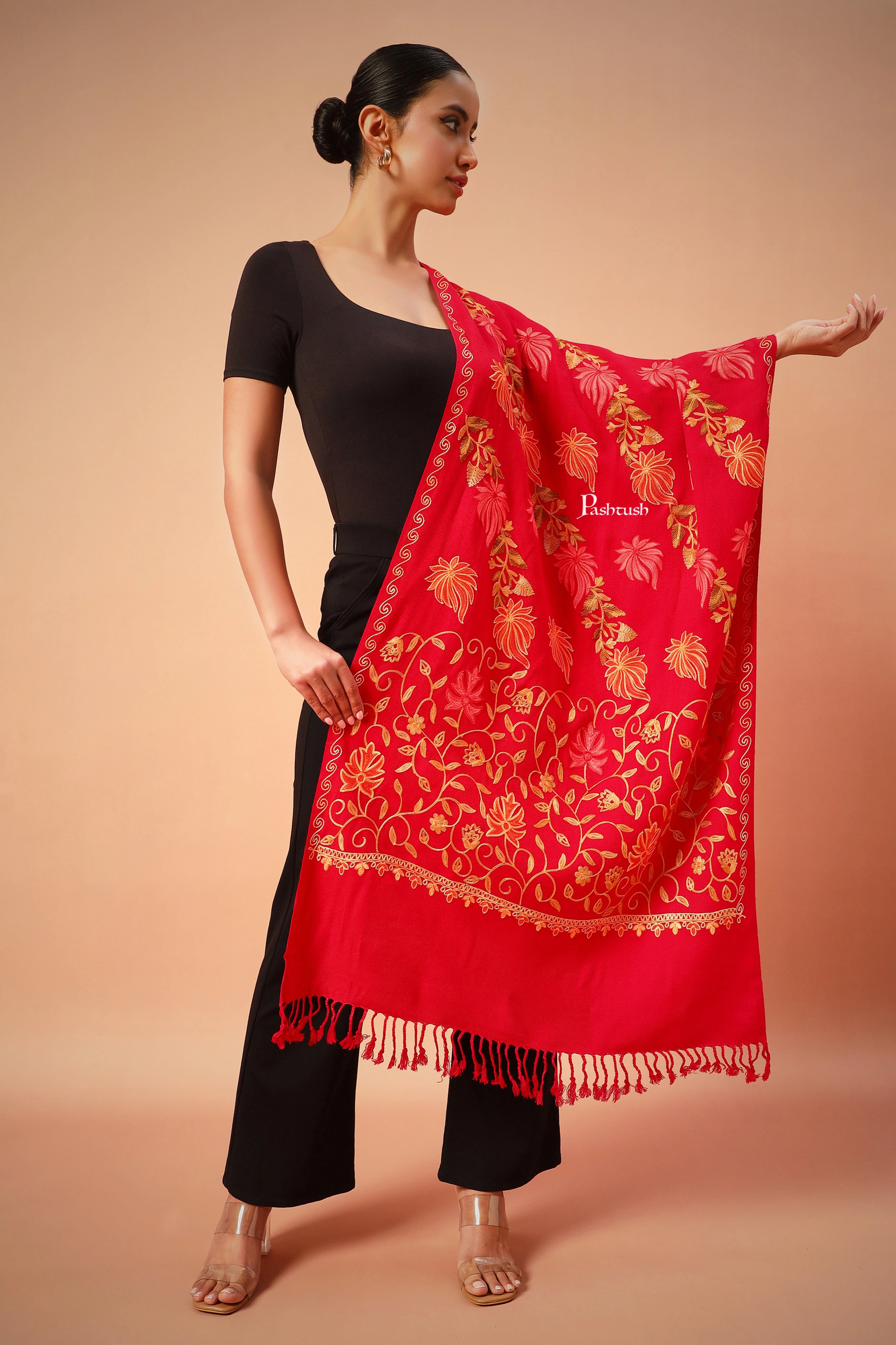 Pashtush Womens Woollen Stole, Aari Embroidery, Kashmiri Design, Red - Image 7