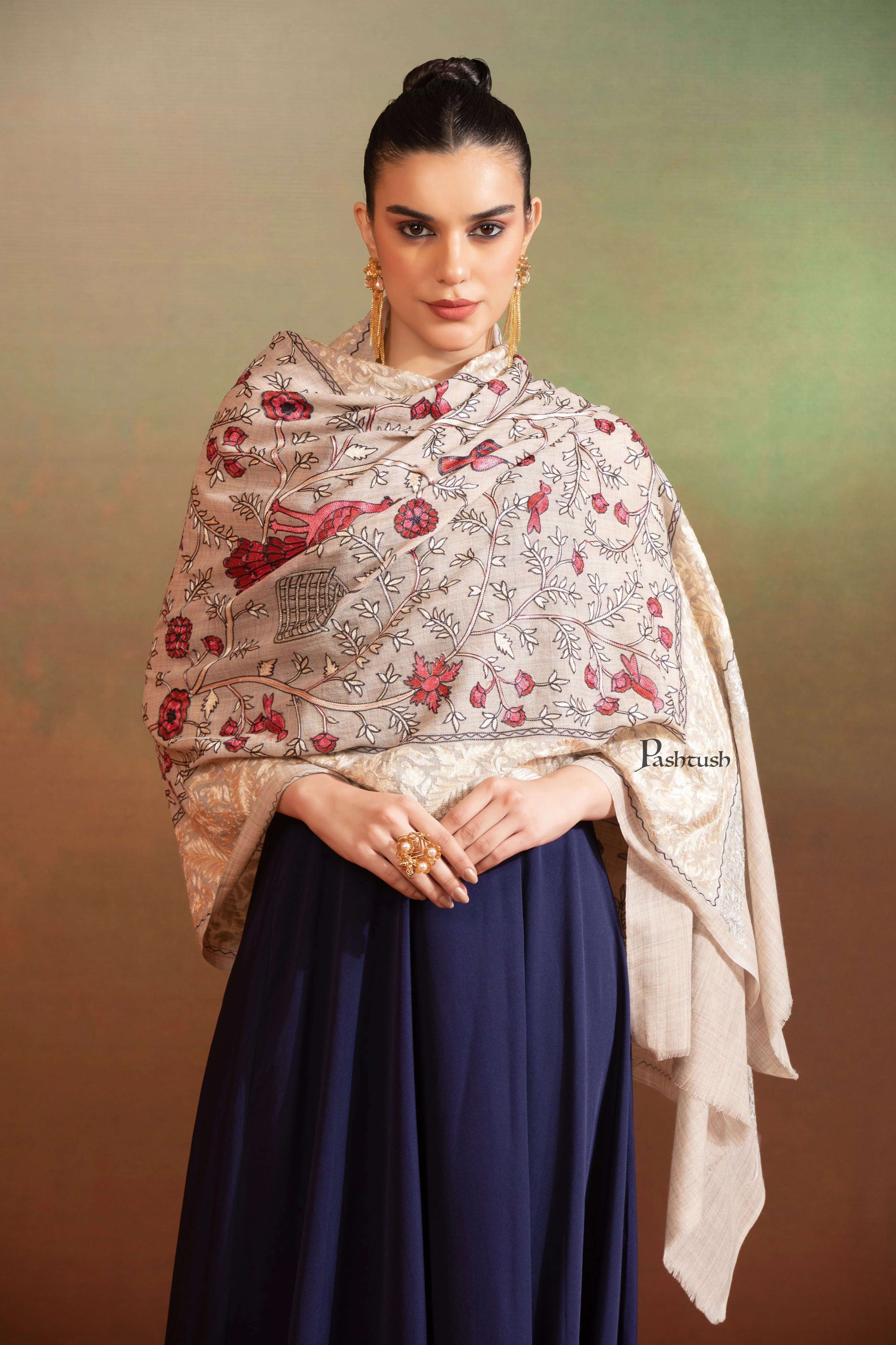 Pashtush Womens Woollen Stole, Gardens Of Paradise, Embroidery Design, Slate - Image 3