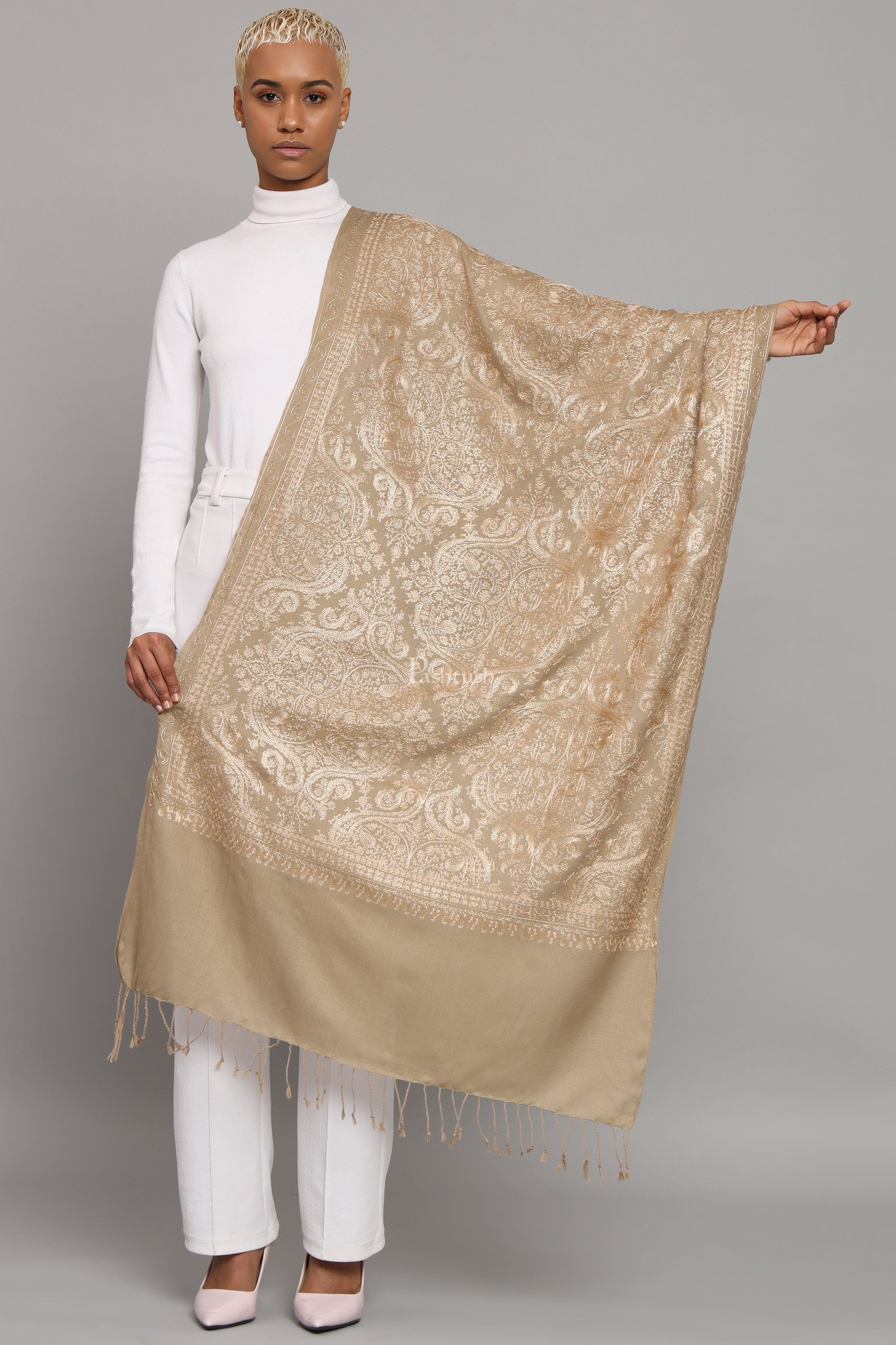 Pashtush Womens Woollen Stole, Nalki Embroidery Tone On Tone Design, Taupe