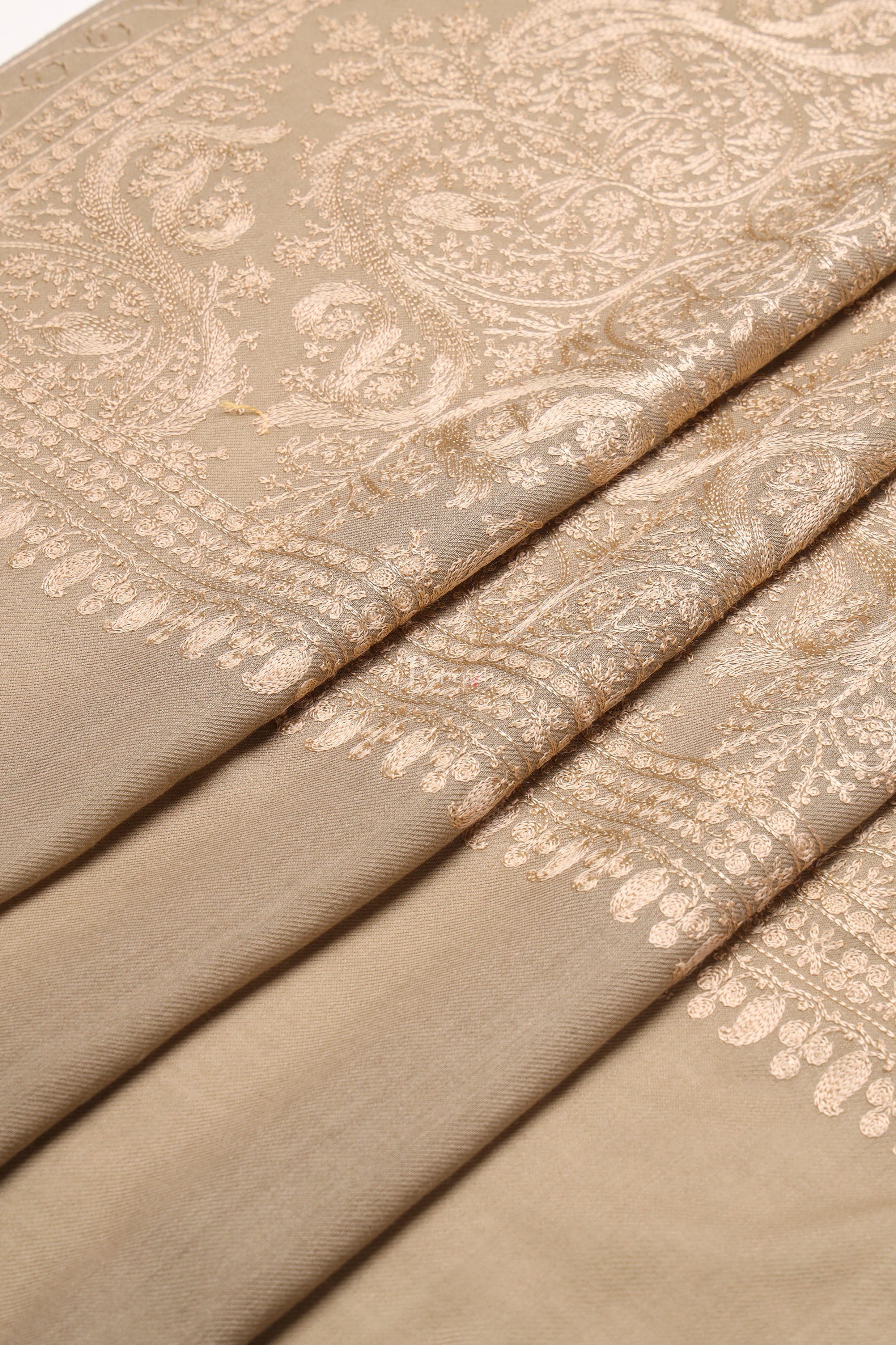 Pashtush Womens Woollen Stole, Nalki Embroidery Tone On Tone Design, Taupe - Image 2