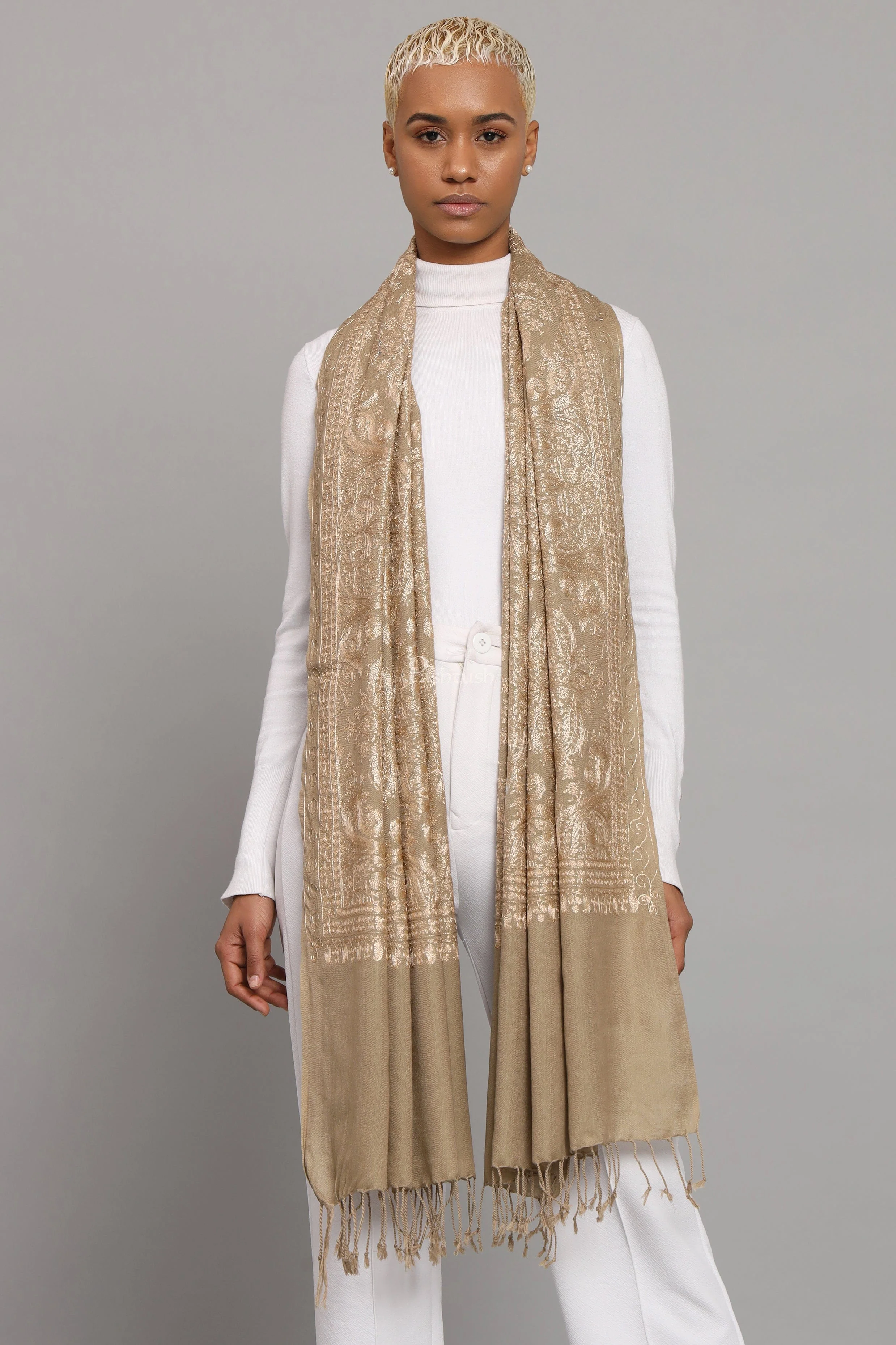 Pashtush Womens Woollen Stole, Nalki Embroidery Tone On Tone Design, Taupe - Image 4