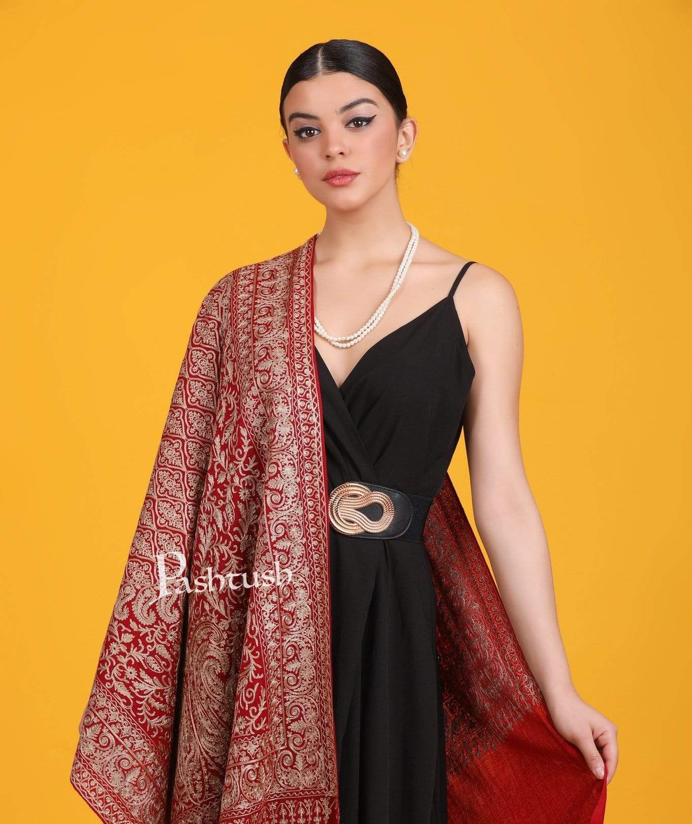 Pashtush Womens Woollen Stole, Silky Nalki Embroidery Needlework Stole, Maroon - Image 4
