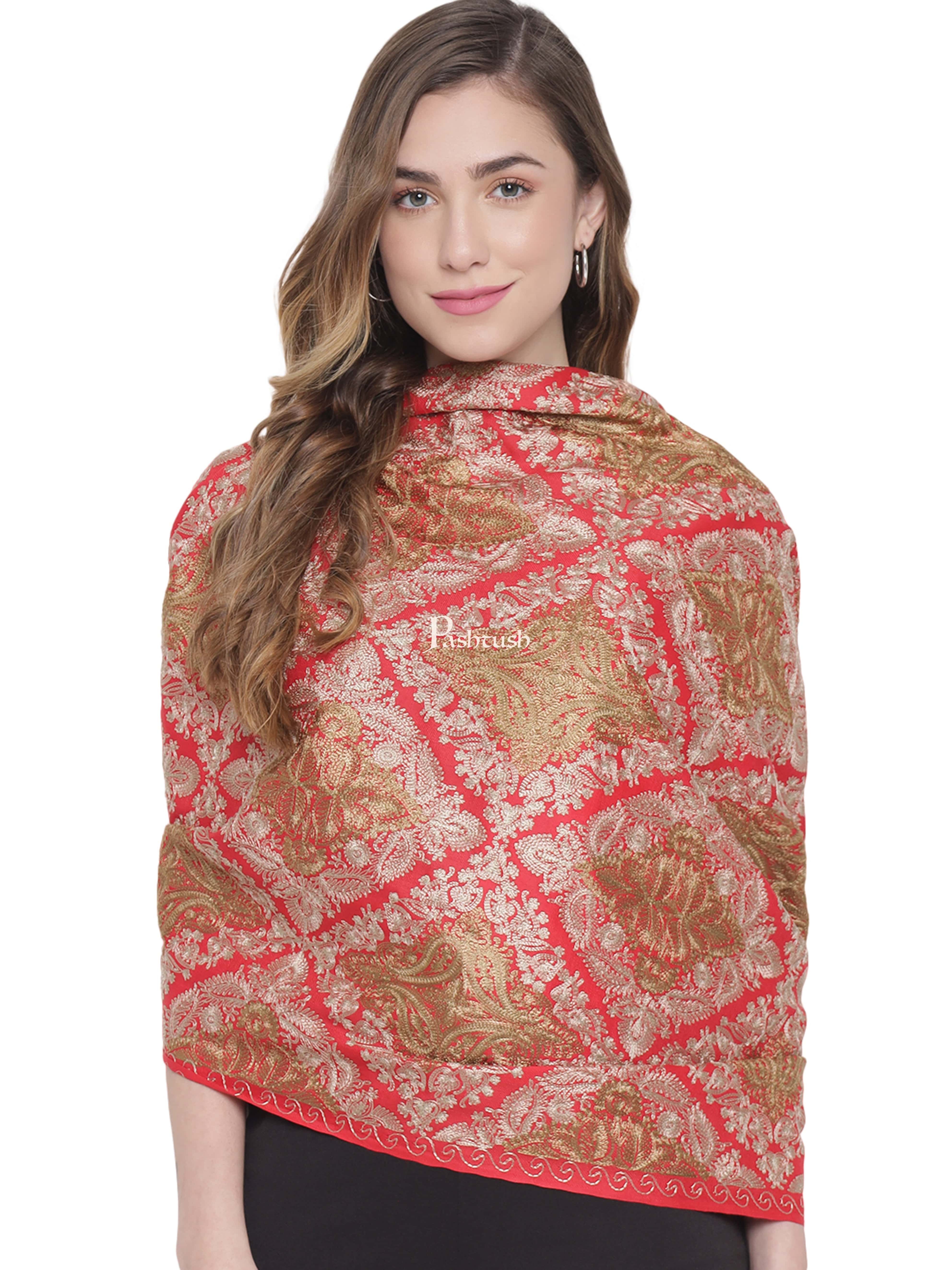 Pashtush Womens Woollen Stole, Silky Nalki Embroidery Needlework Stole, Pink - Image 5