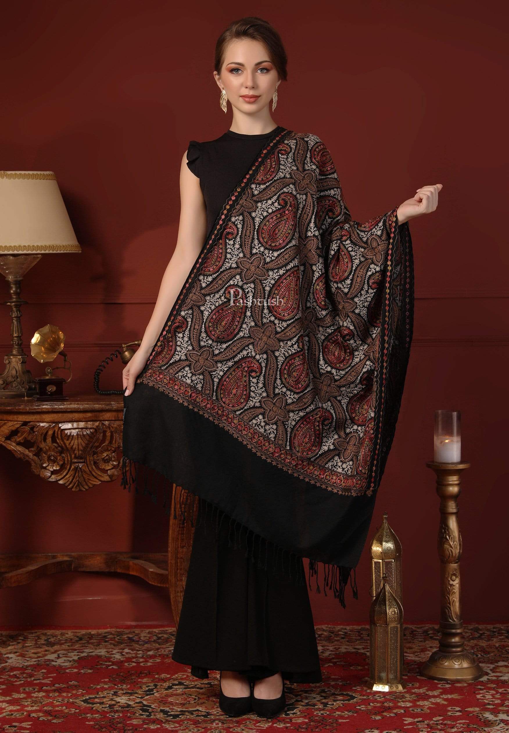 Pashtush Womens Woollen Stole With Nalki Embroidery, Black - Image 2
