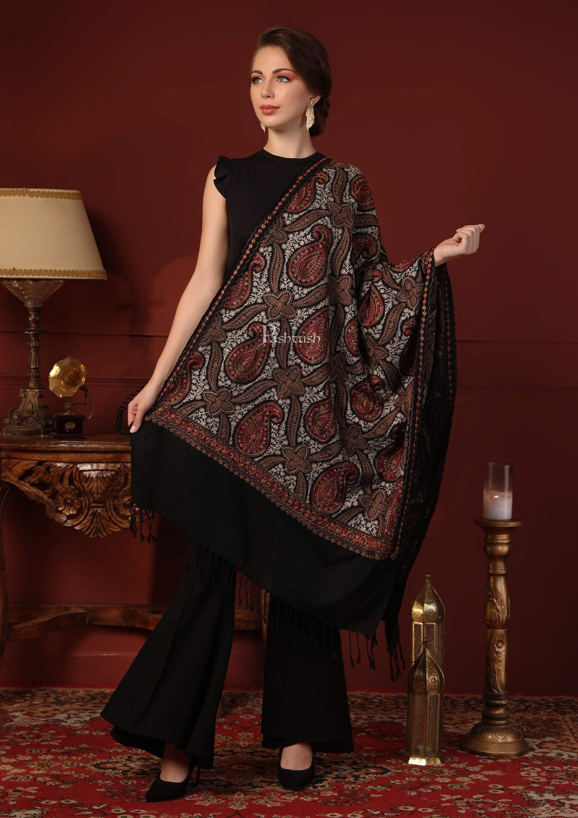 Pashtush Womens Woollen Stole With Nalki Embroidery, Black - Image 3