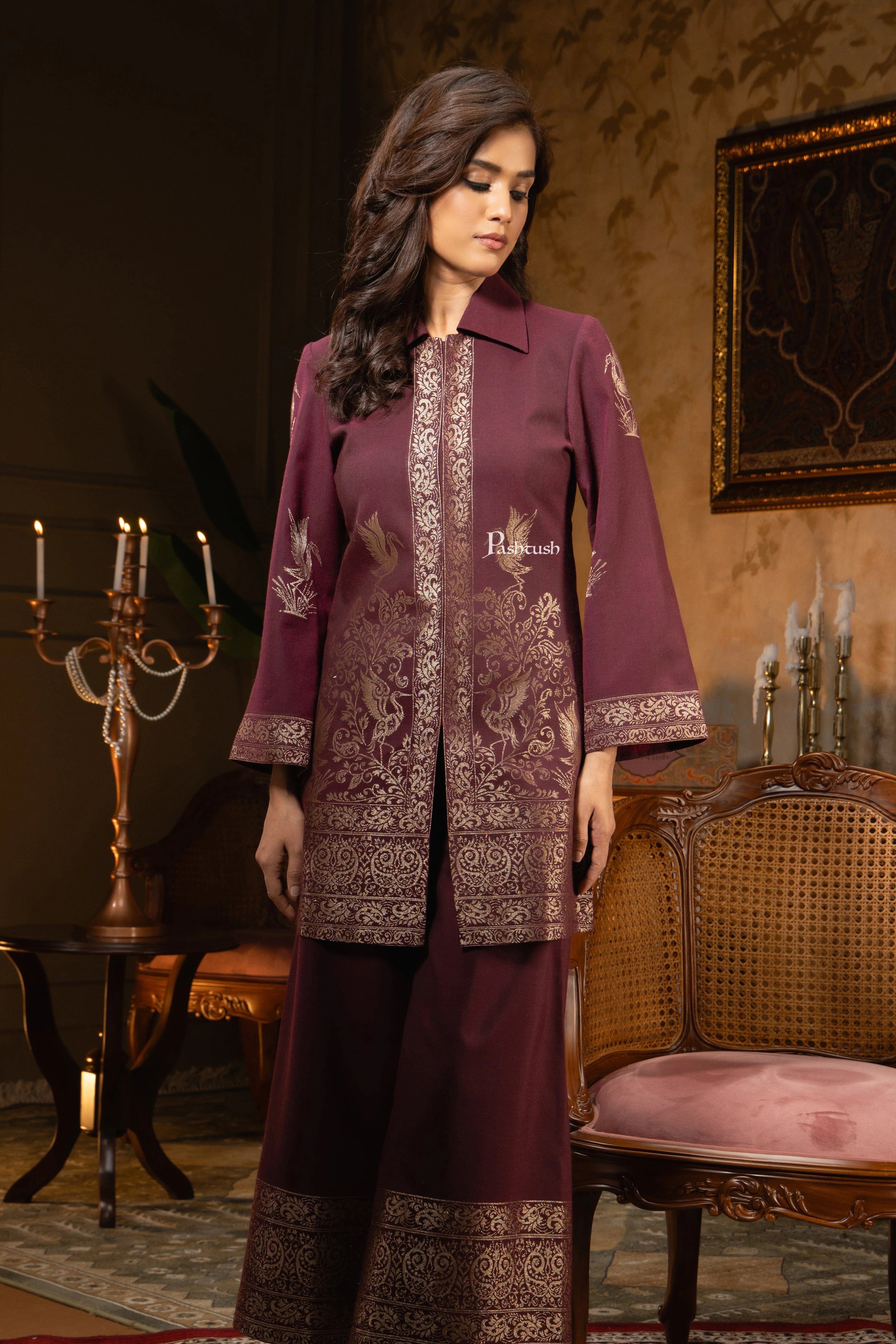 Pashtush Women’s Metallic-Woven Heirloom Co-Ord Set – Short Kurta with Palazzo, Peel Lilac - Image 5