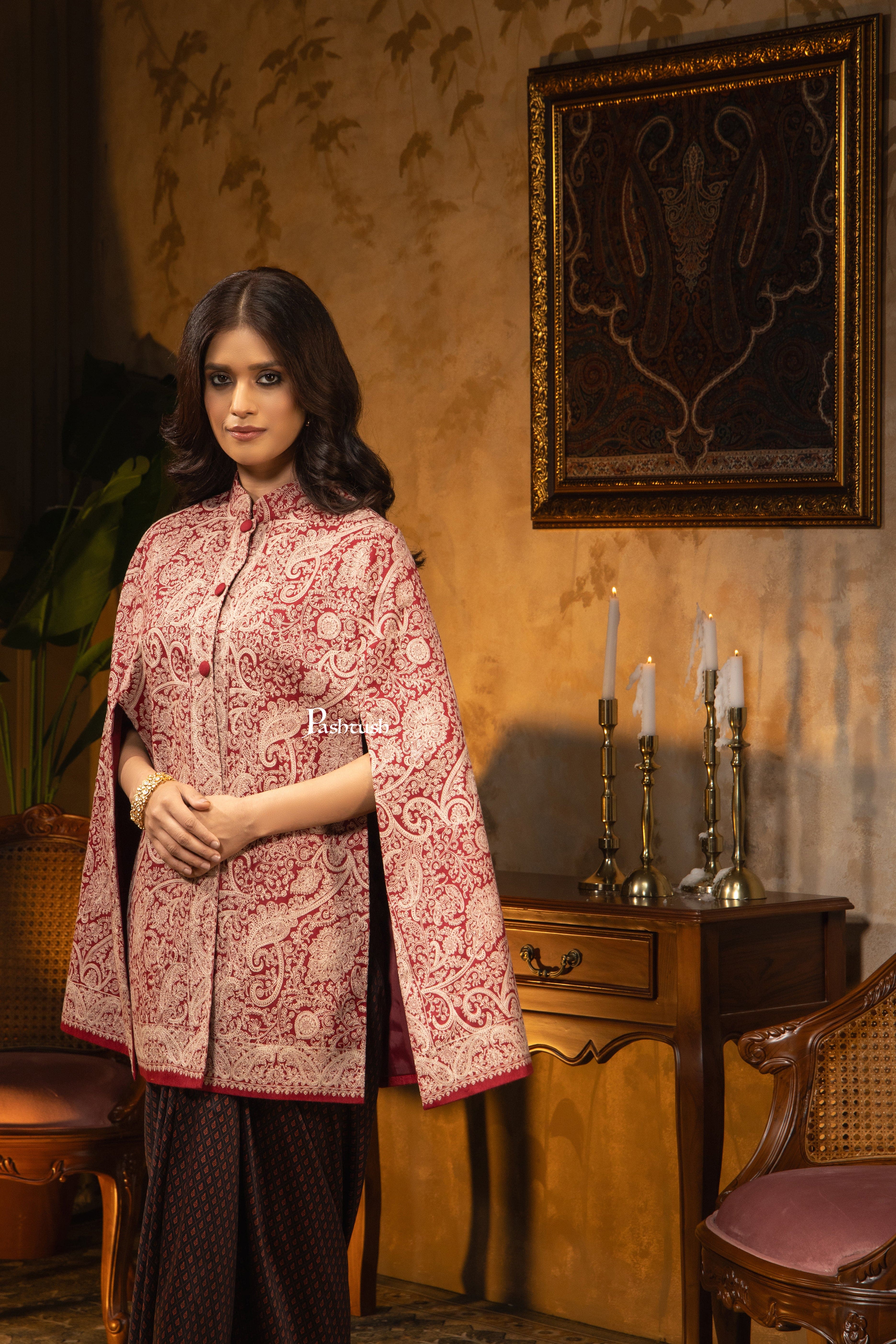 Pashtush Women’s Maroon Open-Sleeve Embroidered Mantilla Jacket - Image 3