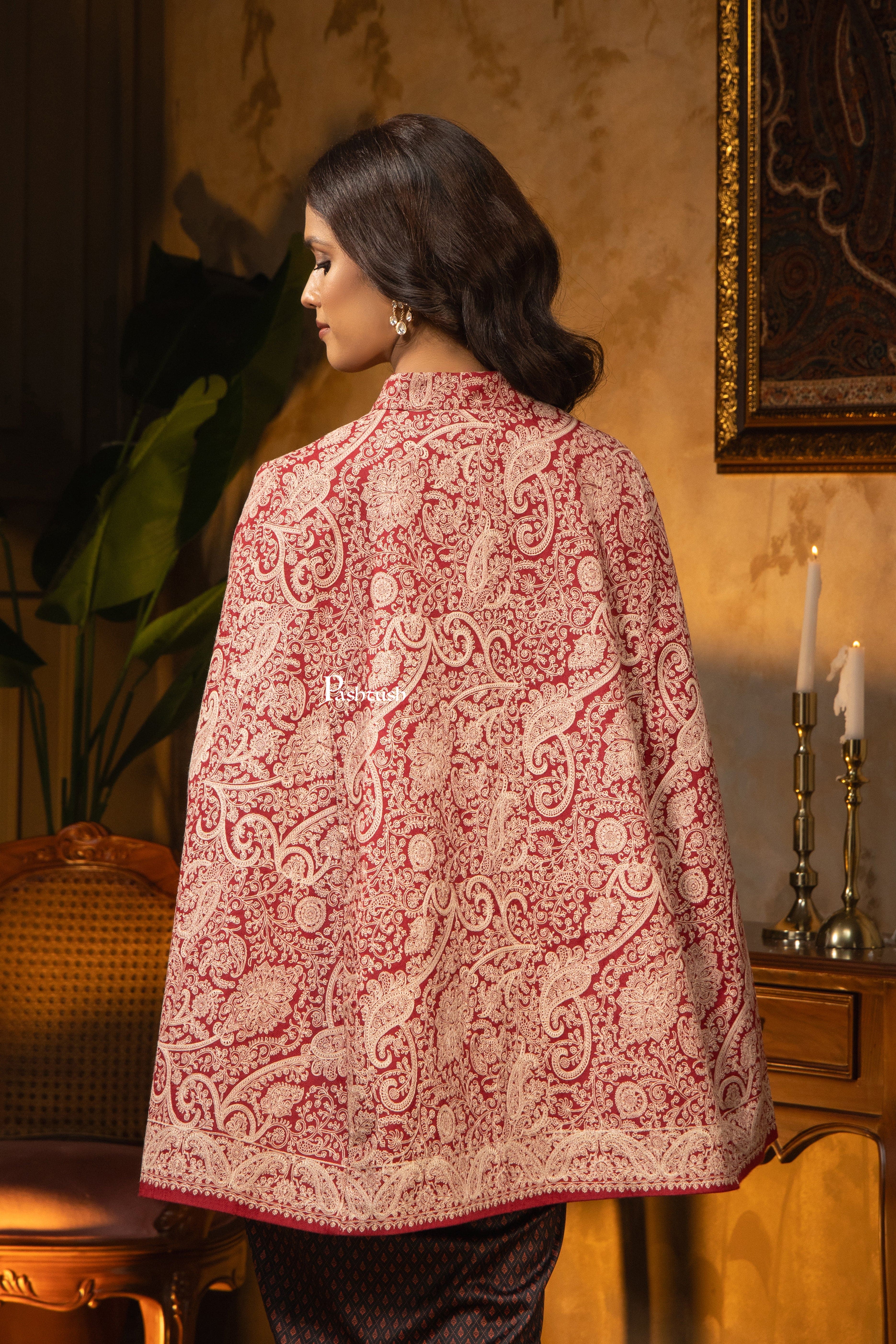 Pashtush Women’s Maroon Open-Sleeve Embroidered Mantilla Jacket - Image 5