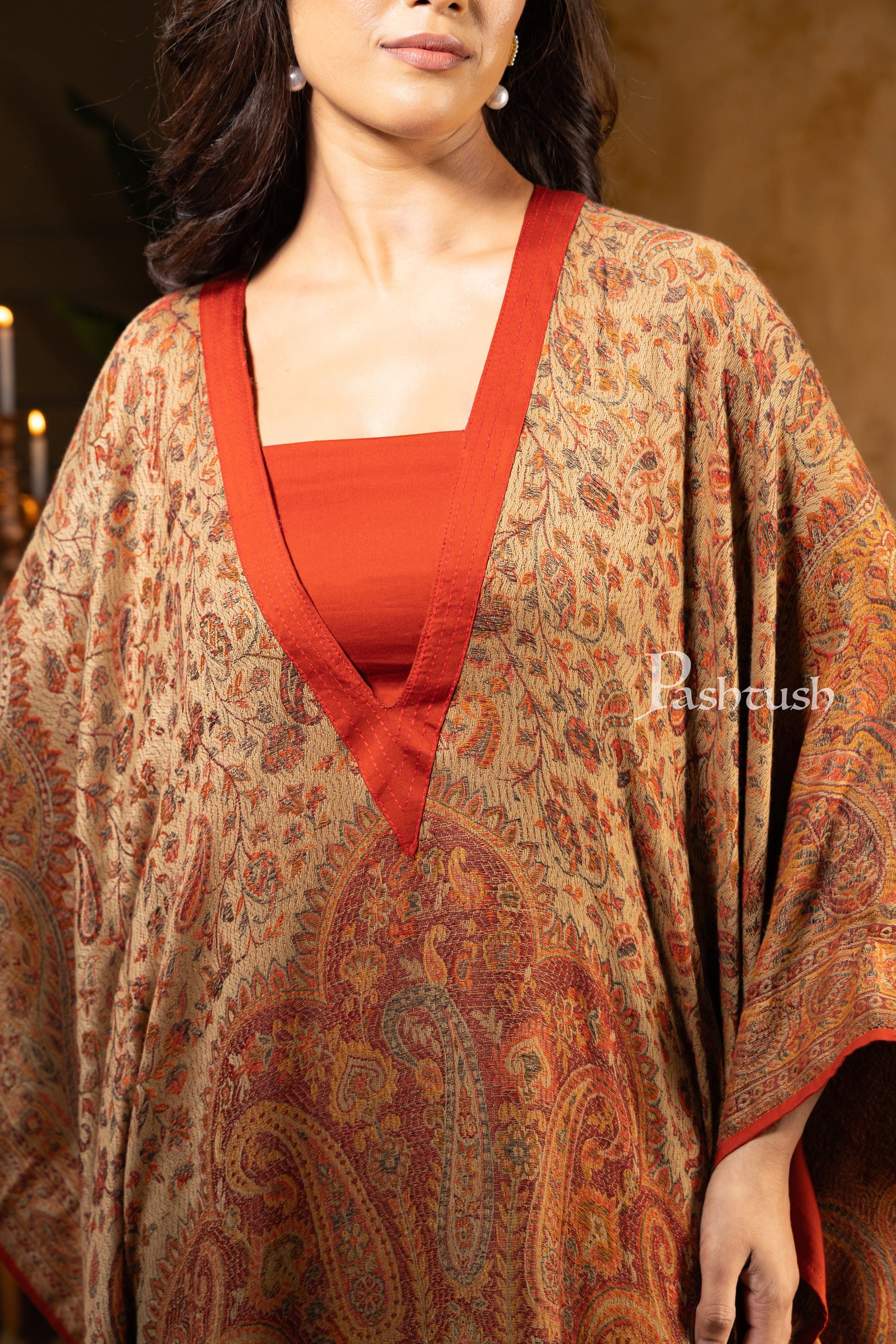 Pashtush Womens Woven Kaftan Dress, Jamawar Design, Taupe - Image 3
