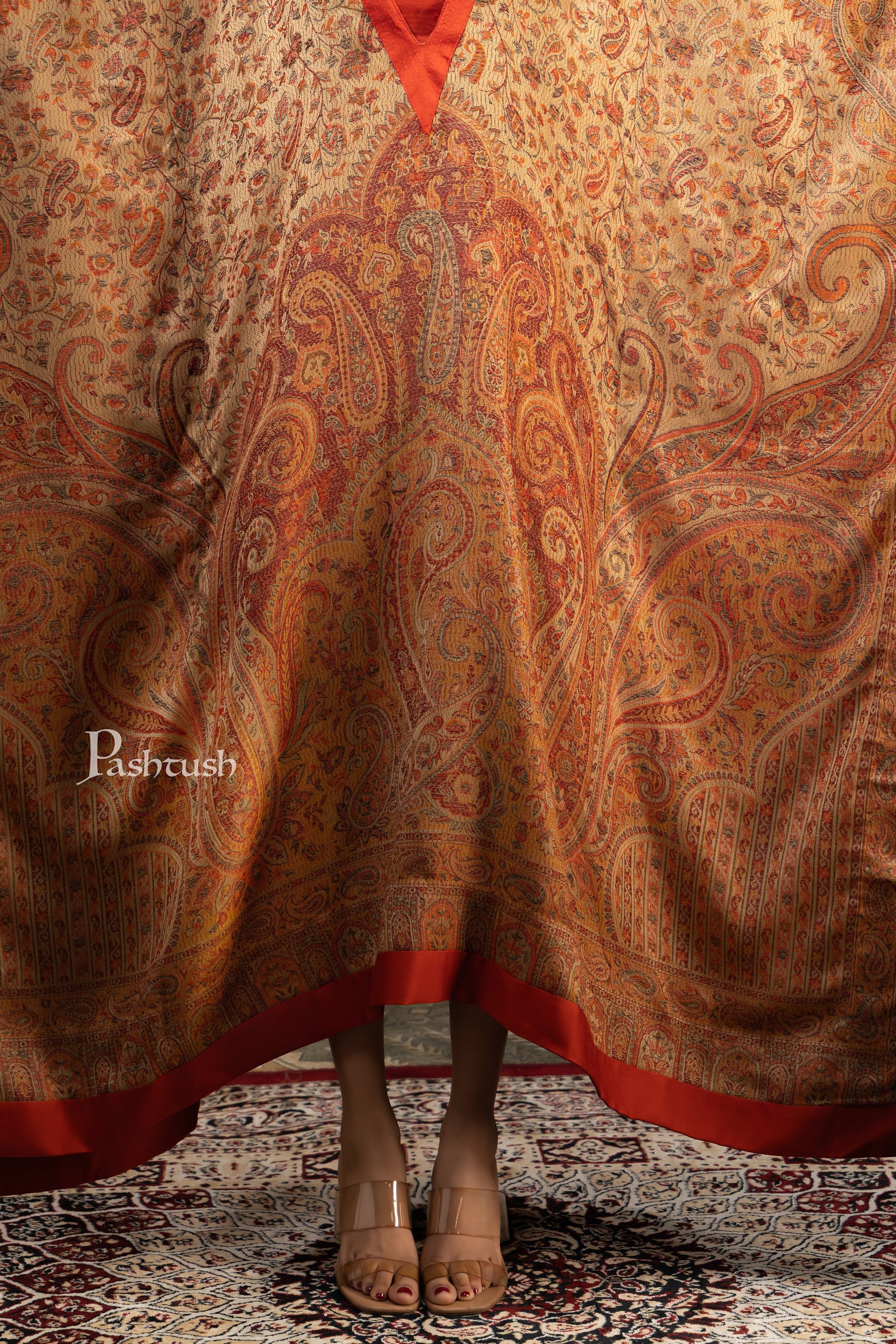Pashtush Womens Woven Kaftan Dress, Jamawar Design, Taupe - Image 4