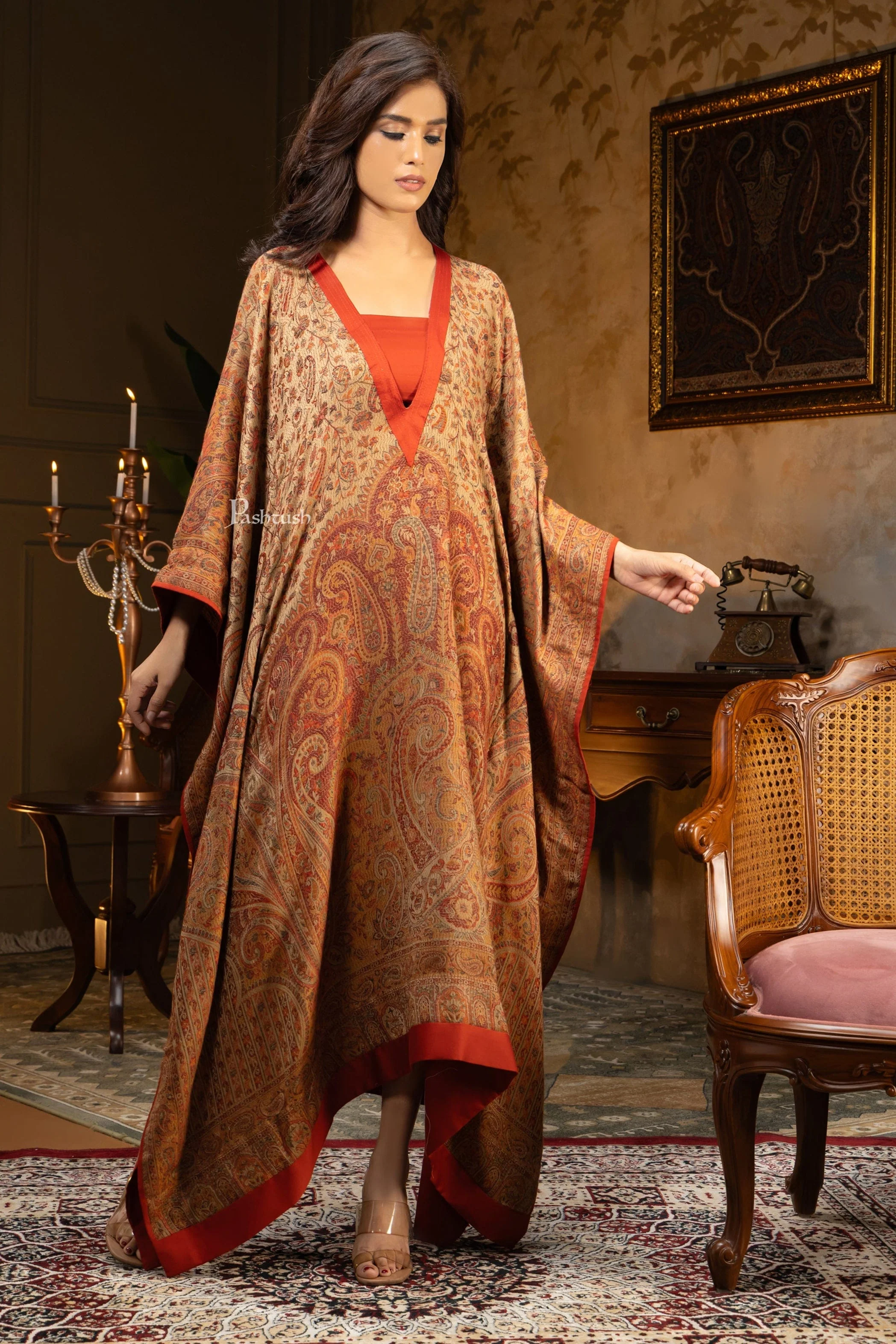 Pashtush Womens Woven Kaftan Dress, Jamawar Design, Taupe - Image 5