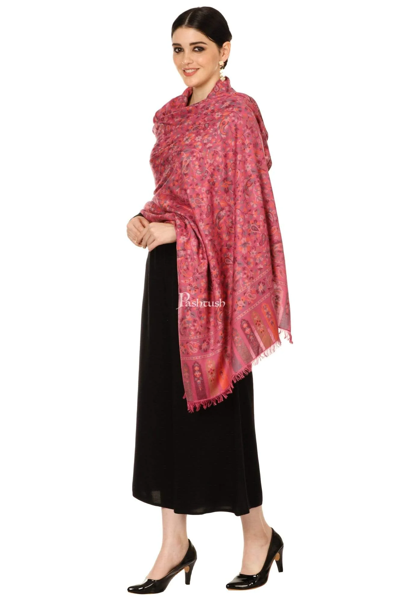 Pashtush Womens Woven Ethnic Shawl, Woollen, Faux Pashmina Shawl, Pink