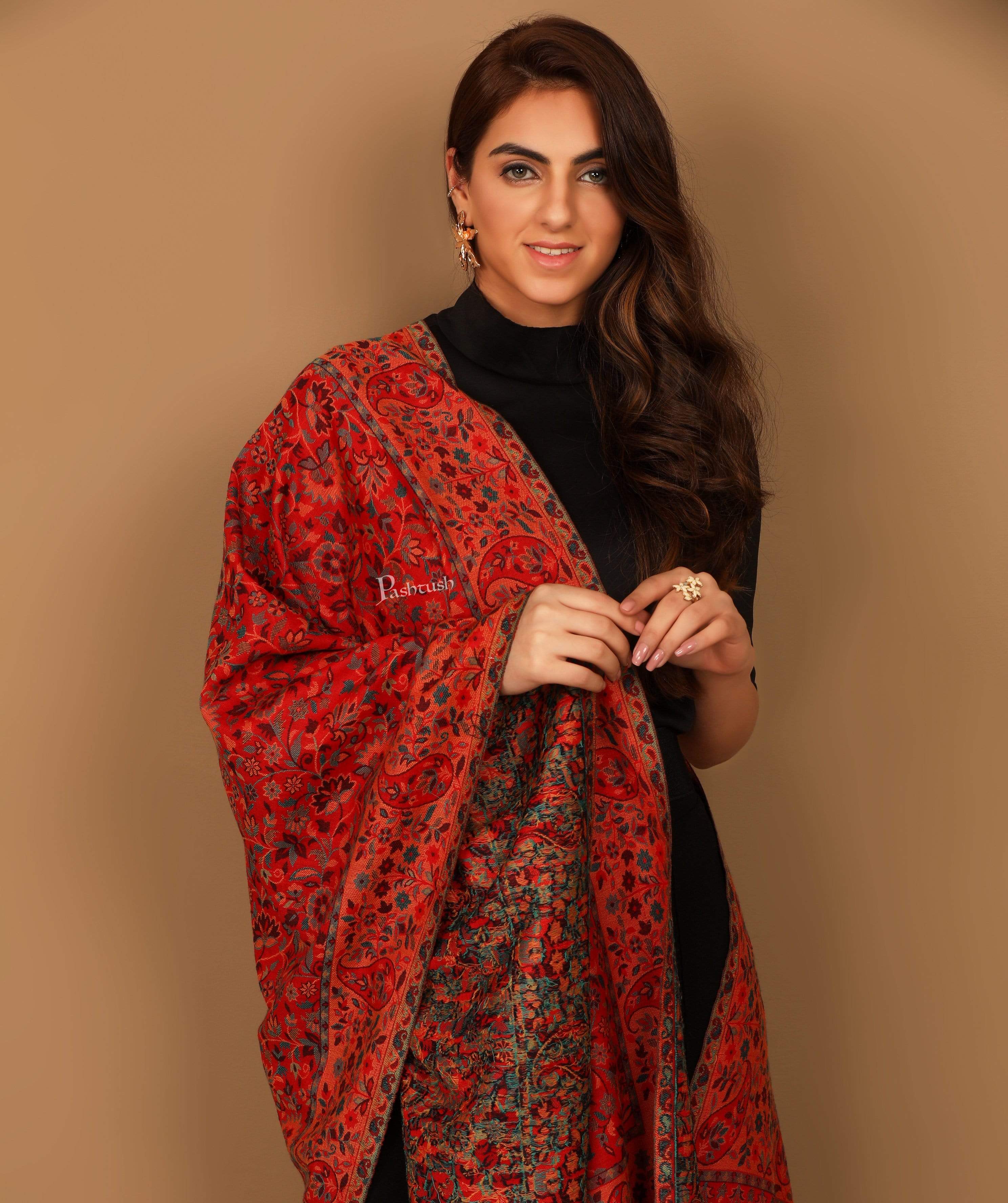 Pashtush Womens Woven Ethnic Stole, Woollen, Faux Pashmina Stole Red