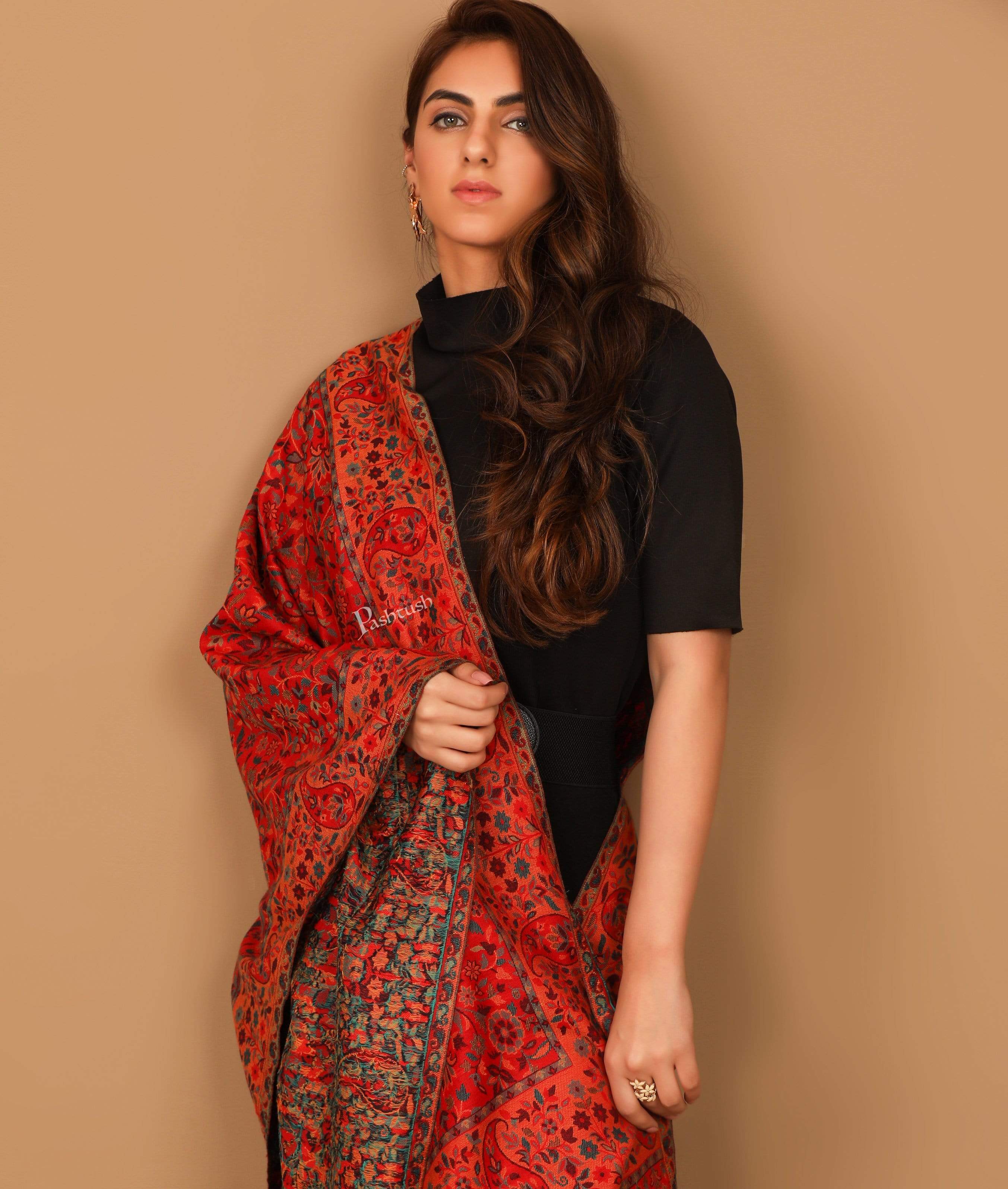 Pashtush Womens Woven Ethnic Stole, Woollen, Faux Pashmina Stole Red - Image 5