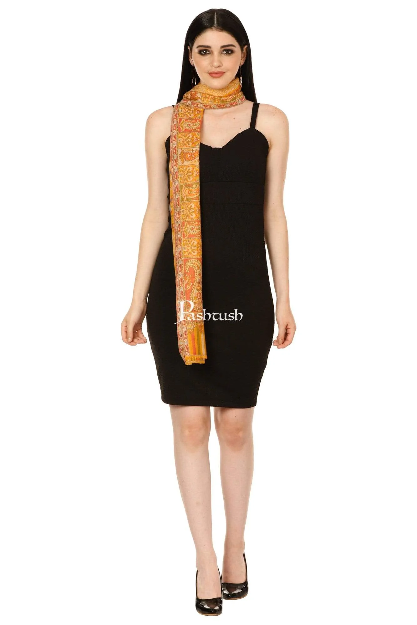 Pashtush Womens Woven Ethnic Stole, Woollen, Faux Pashmina Stole, Bright Mustard - Image 2