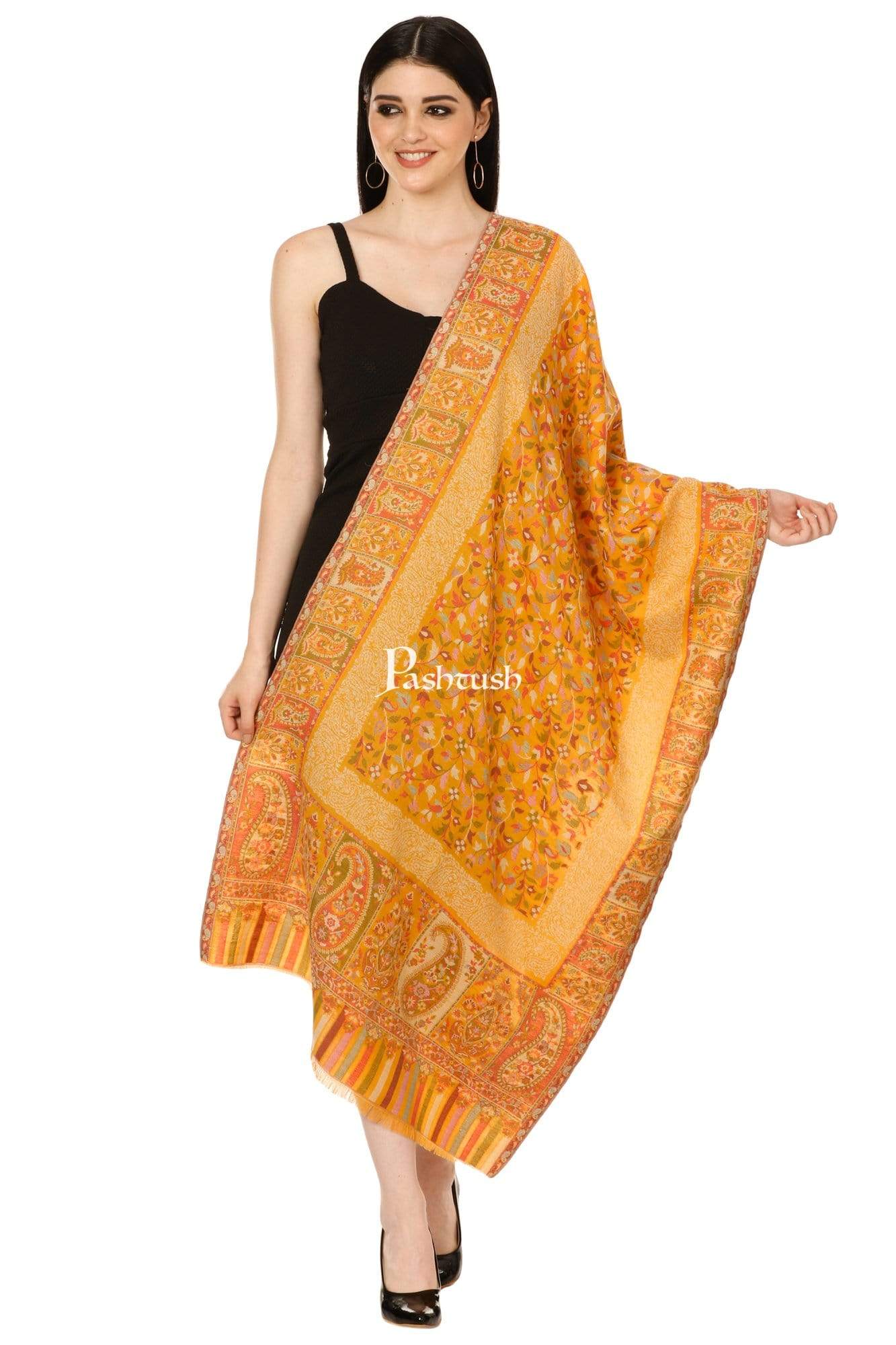 Pashtush Womens Woven Ethnic Stole, Woollen, Faux Pashmina Stole, Bright Mustard - Image 3
