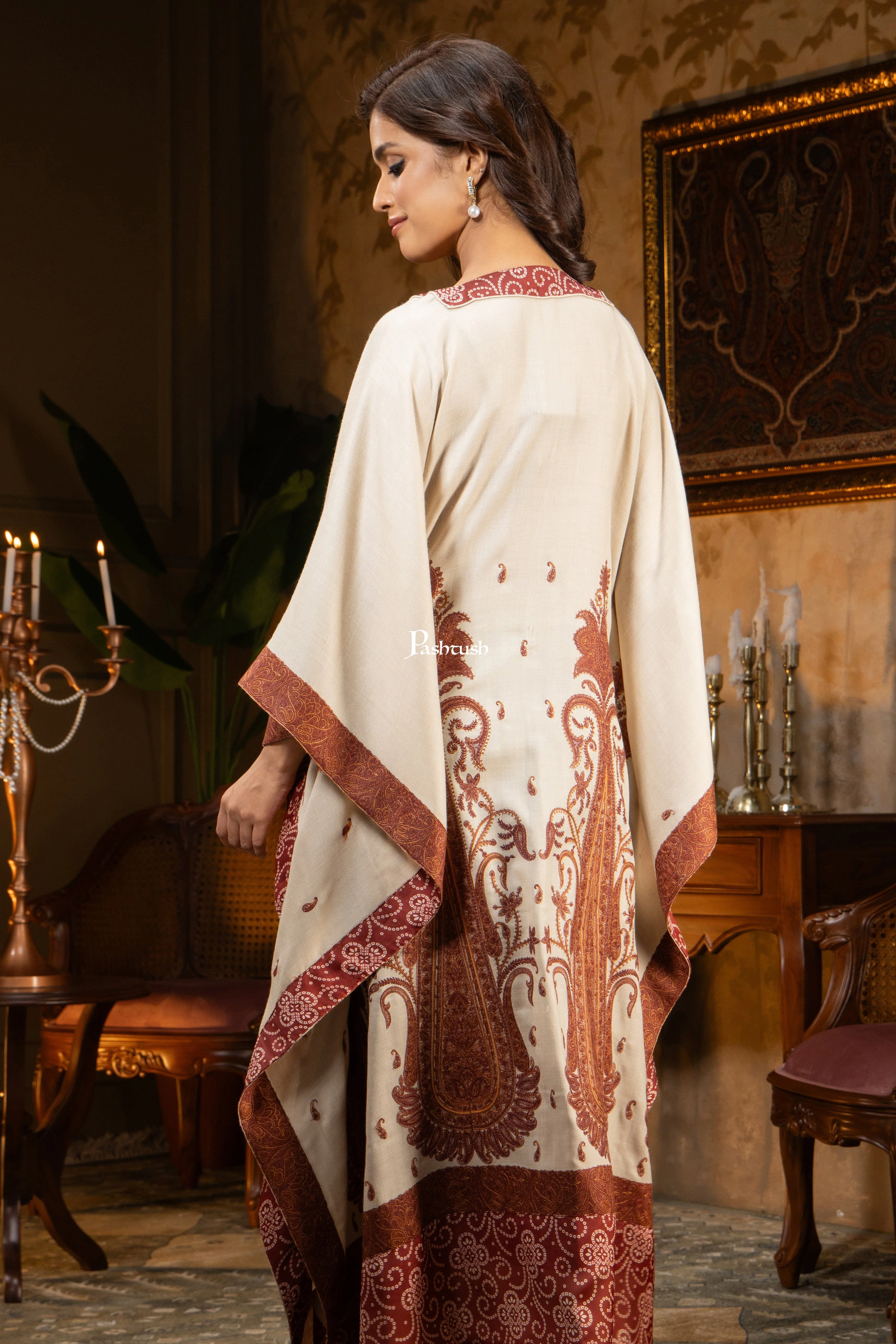 Pashtush Womens Woven Kaftan Dress, Embroidery Design, Beige - Image 6