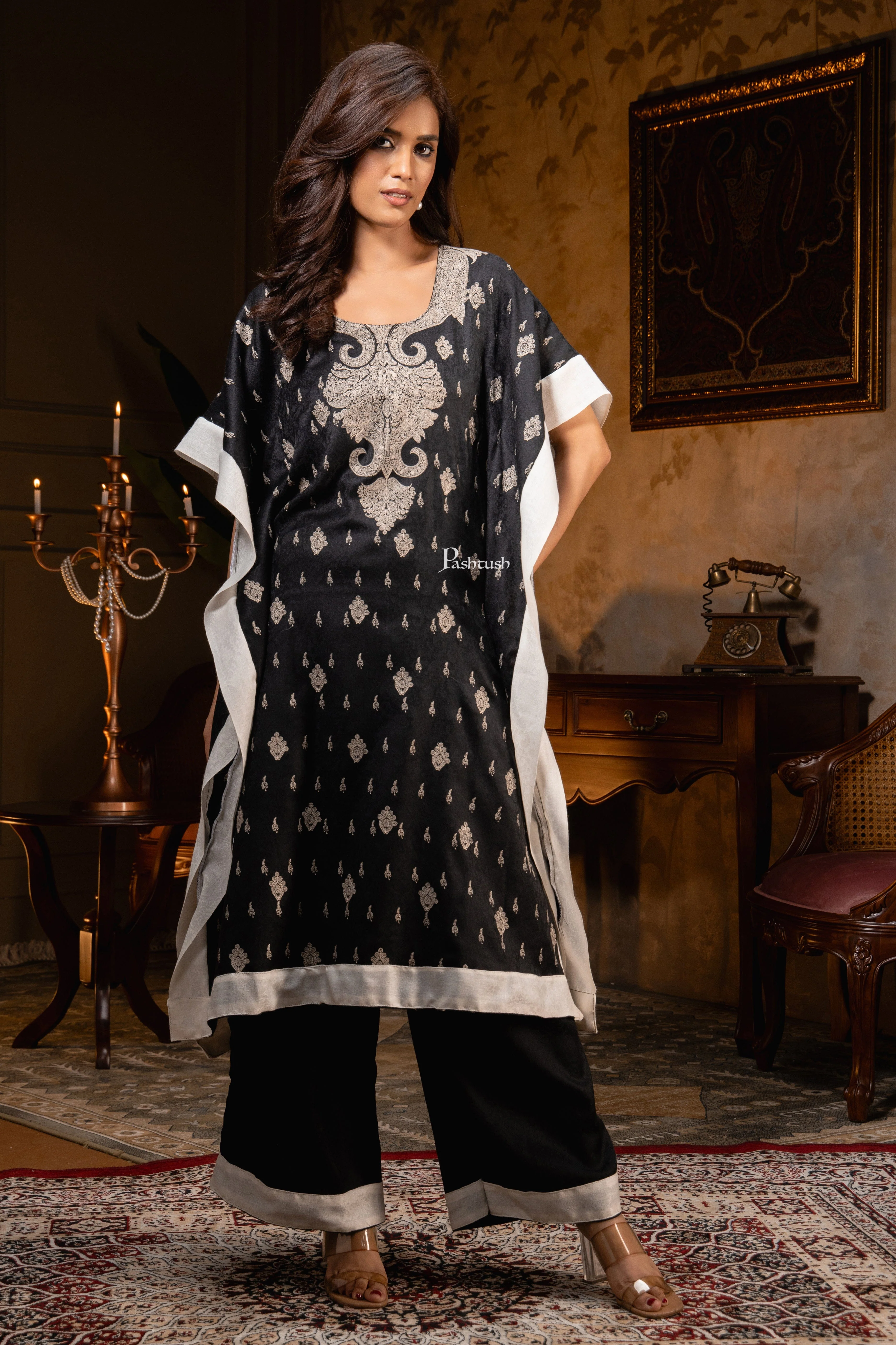 Pashtush Womens Woven Kaftan Dress, Embroidery Design, Black - Image 3
