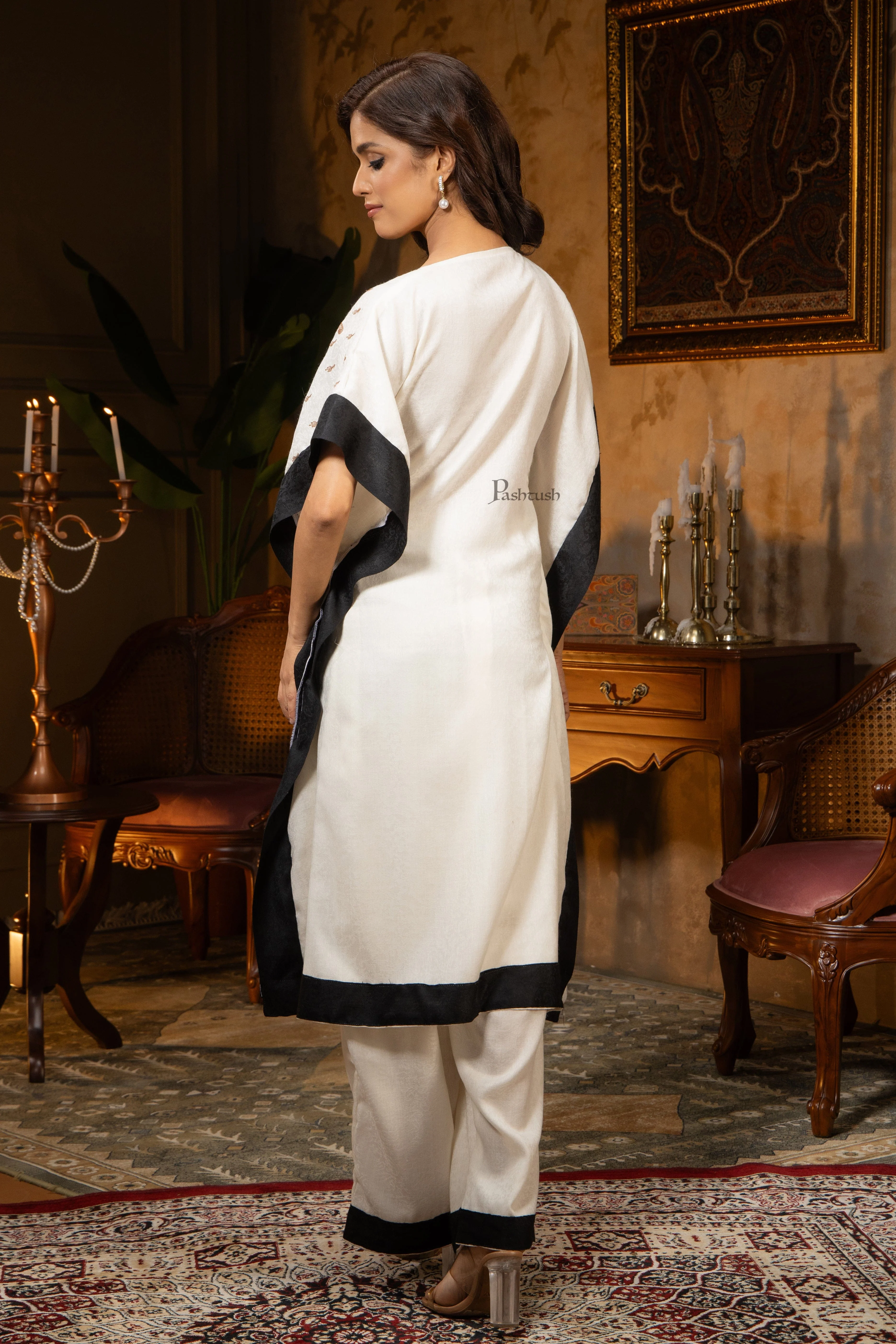 Pashtush Womens Woven Kaftan Dress, Embroidery Design, Ivory - Image 7