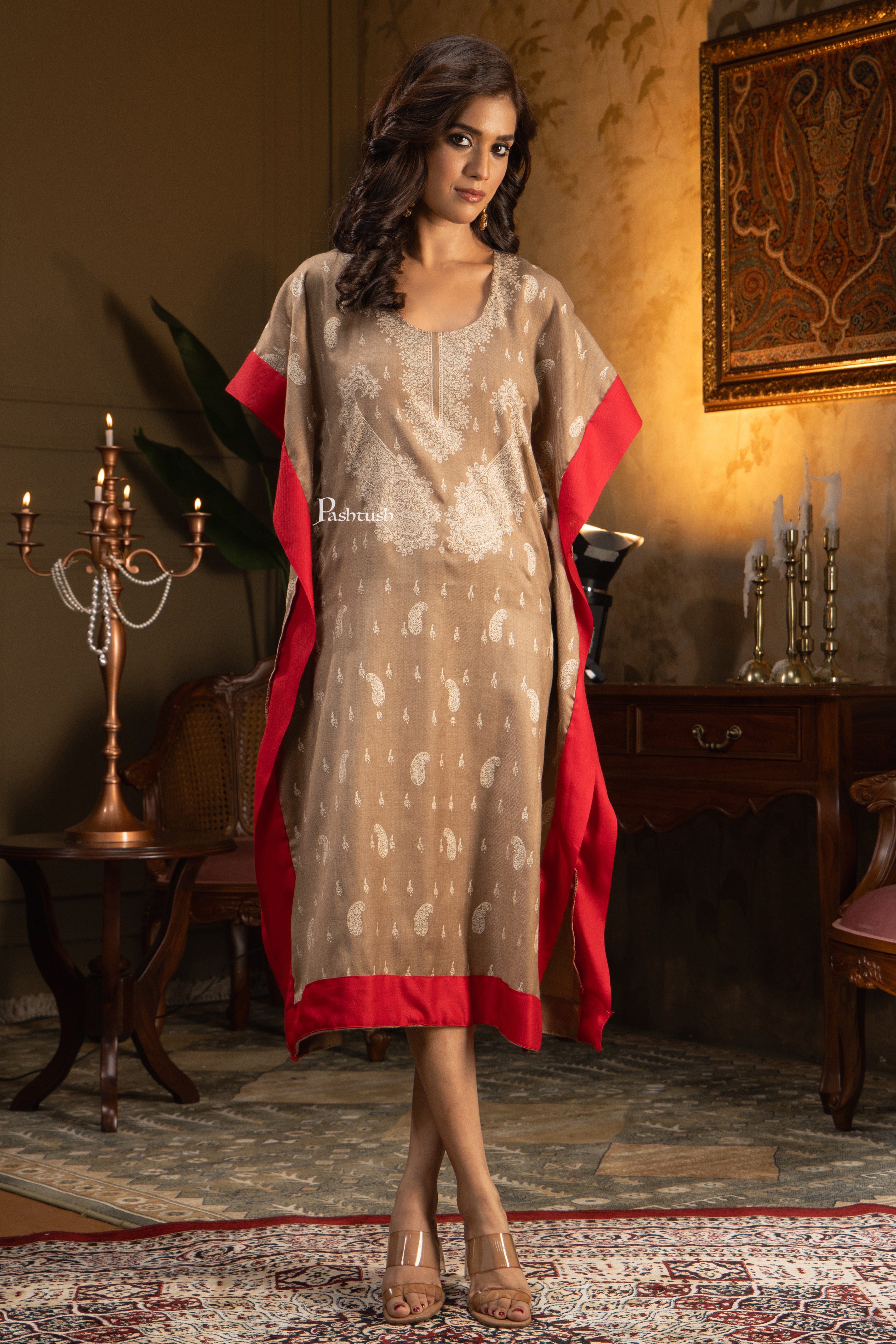 Pashtush Womens Woven Kaftan Dress, Embroidery Design, Taupe - Image 5