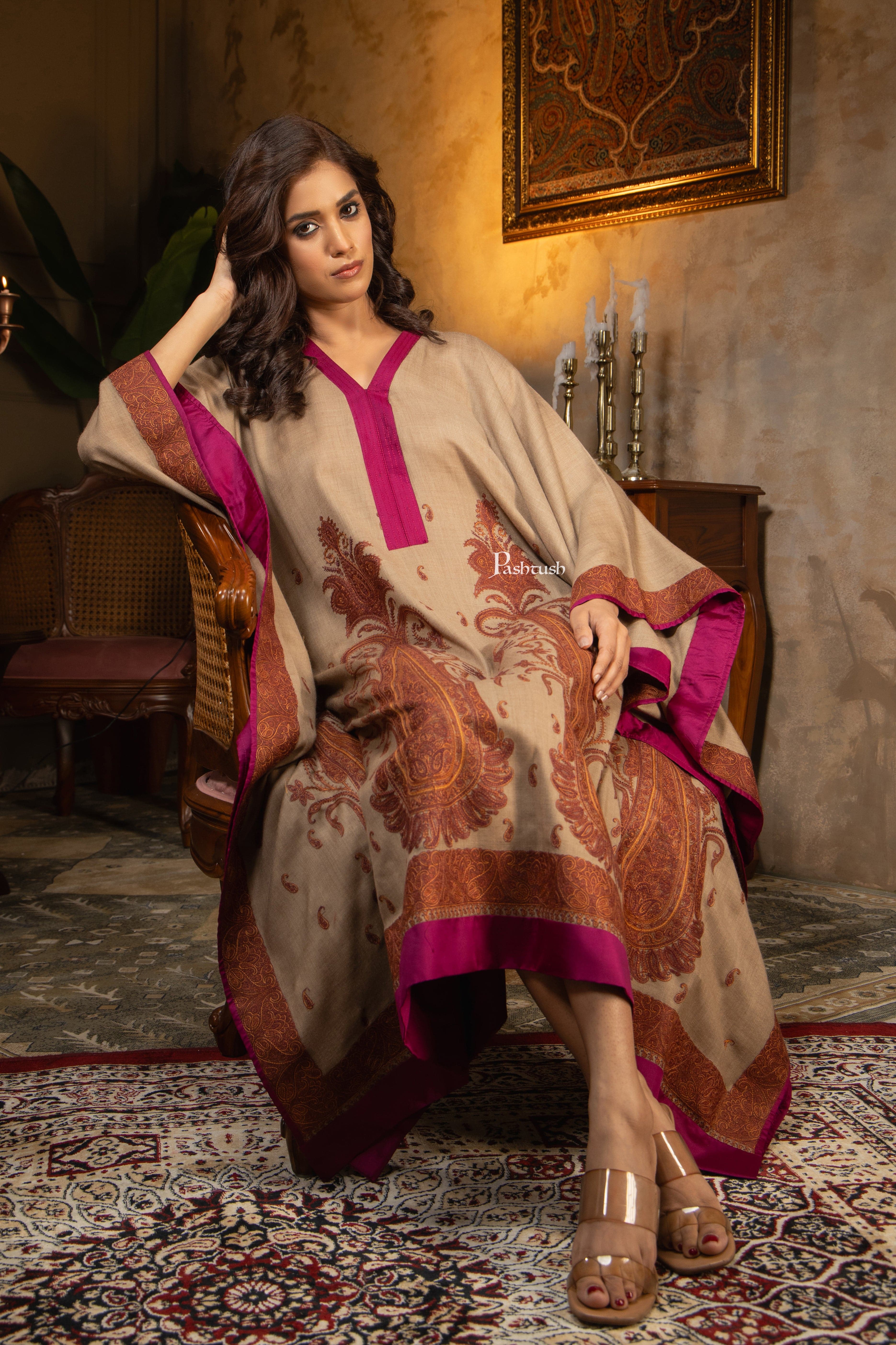 Pashtush Womens Woven Kaftan Dress, Embroidery Design, Taupe - Image 10