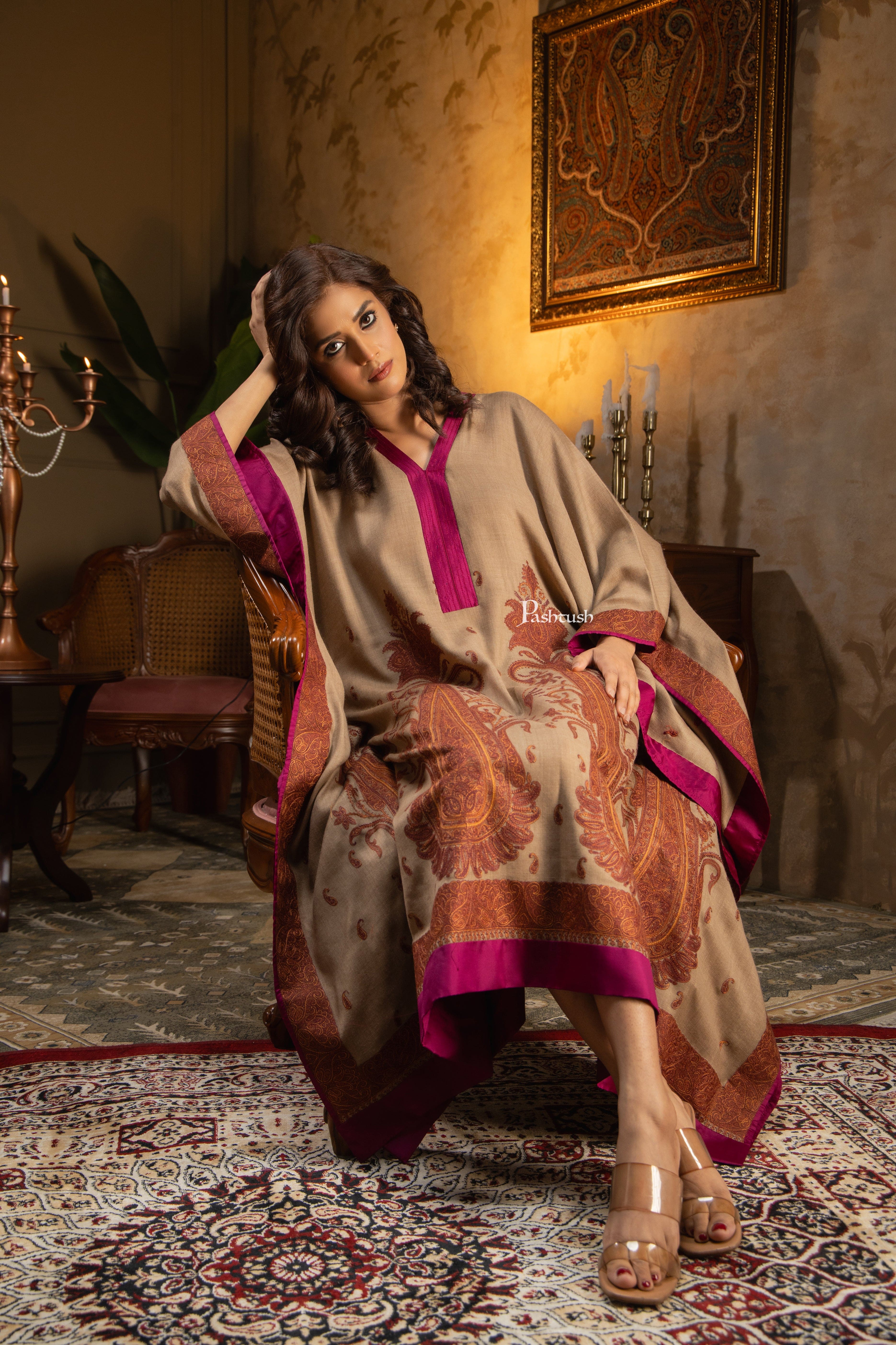 Pashtush Womens Woven Kaftan Dress, Embroidery Design, Taupe - Image 11