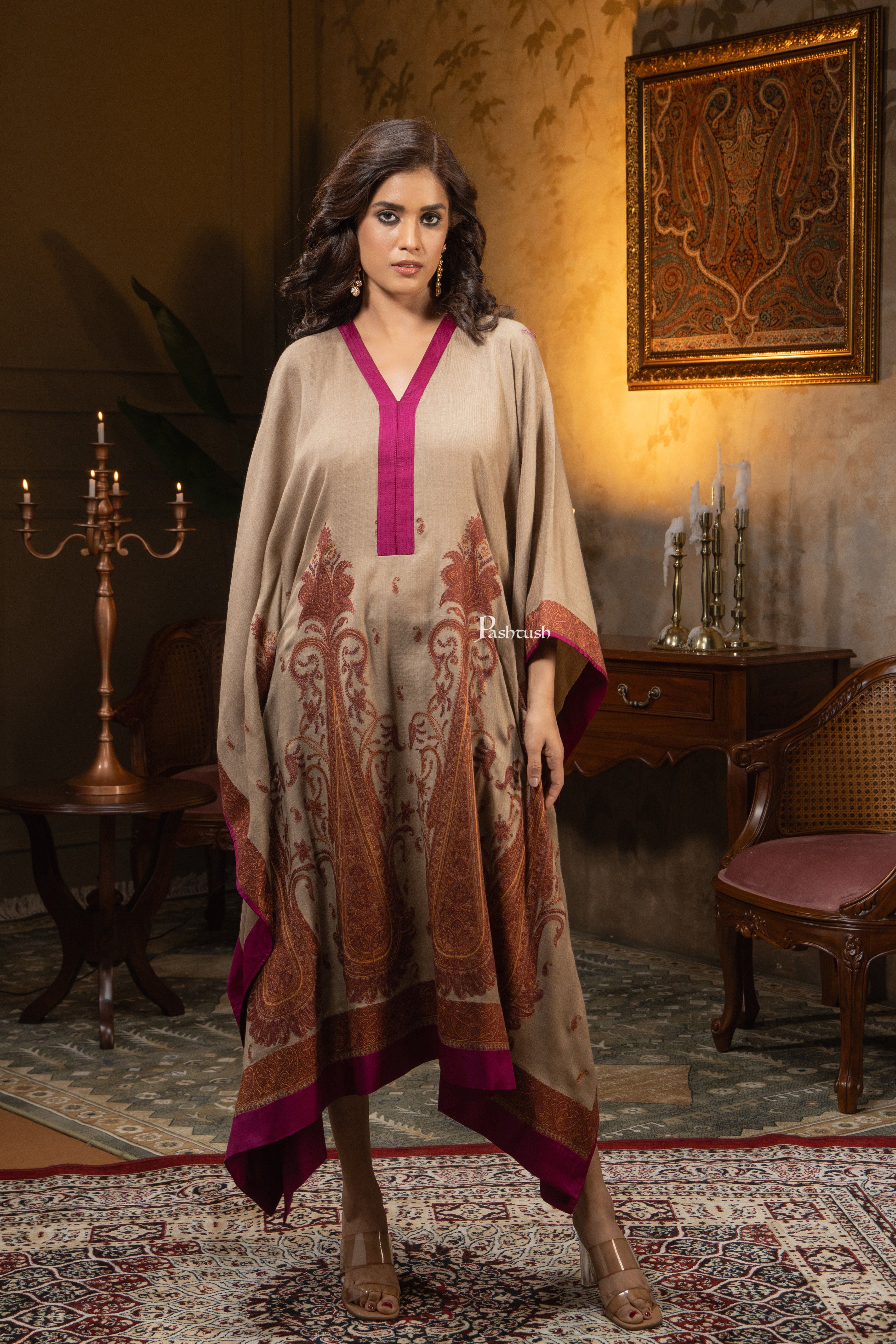 Pashtush Womens Woven Kaftan Dress, Embroidery Design, Taupe - Image 3