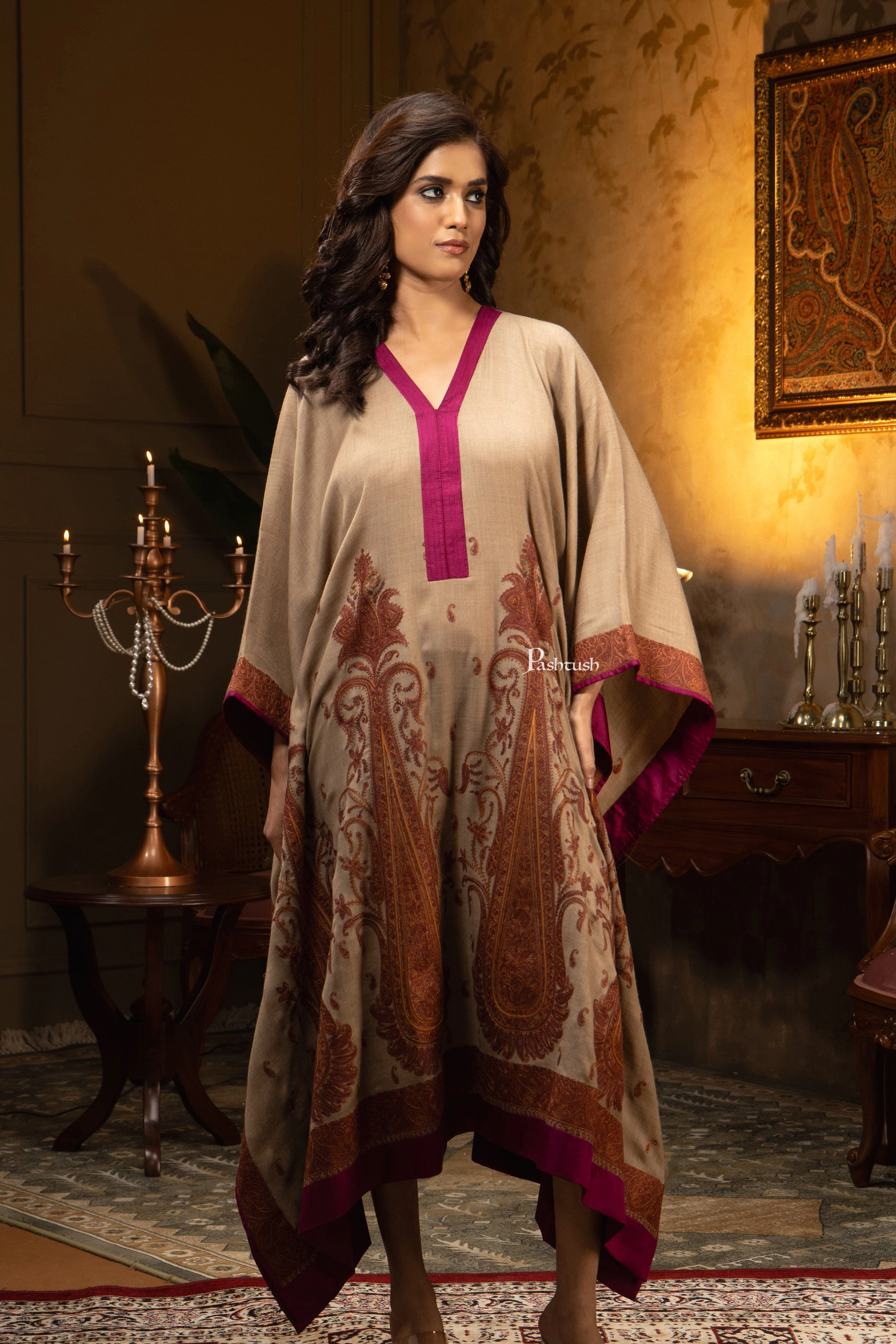 Pashtush Womens Woven Kaftan Dress, Embroidery Design, Taupe - Image 4