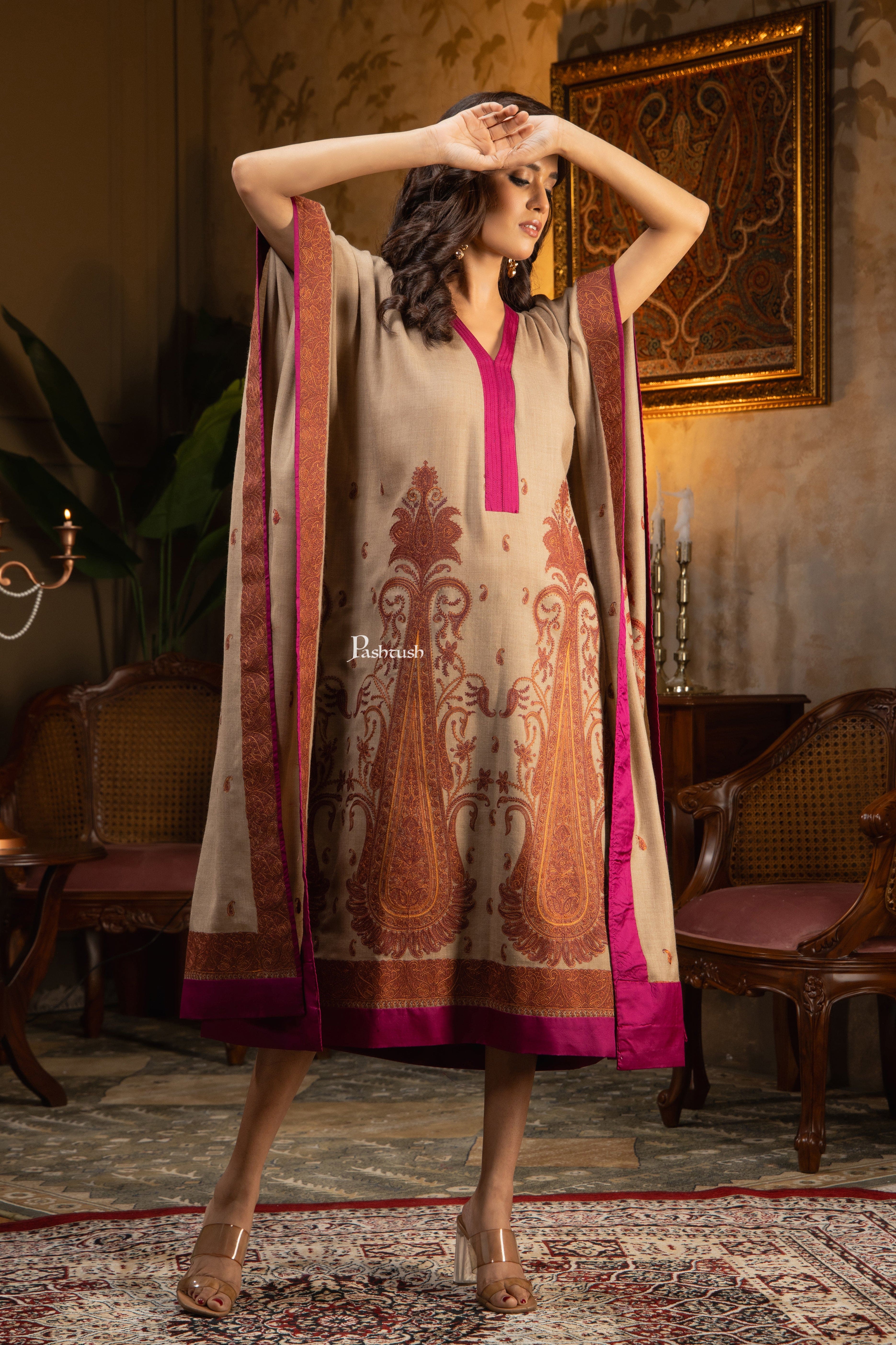 Pashtush Womens Woven Kaftan Dress, Embroidery Design, Taupe - Image 8