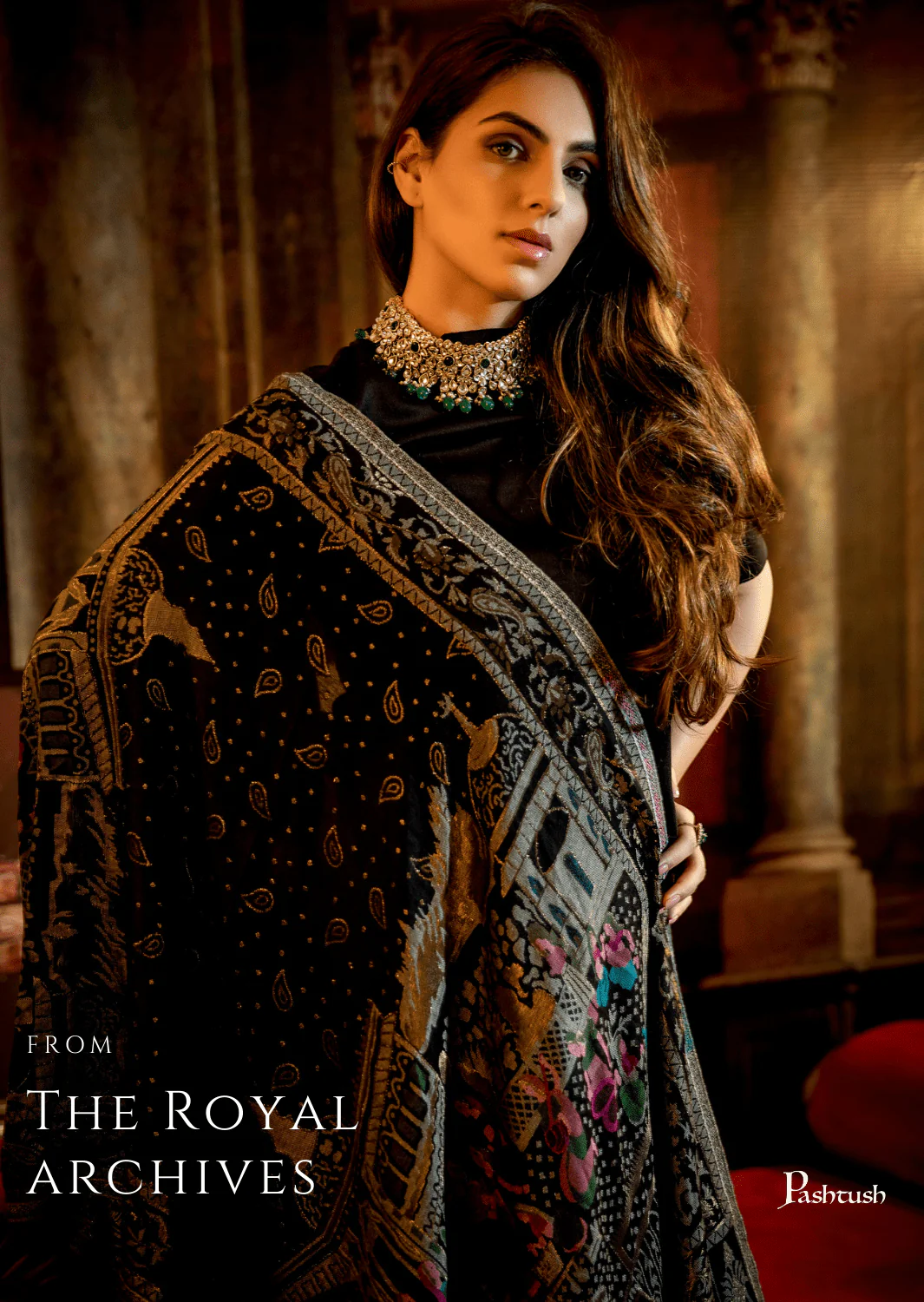 Pashtush Womens, Woven Mughal Darbar Shawl, With Golden Zari Weave