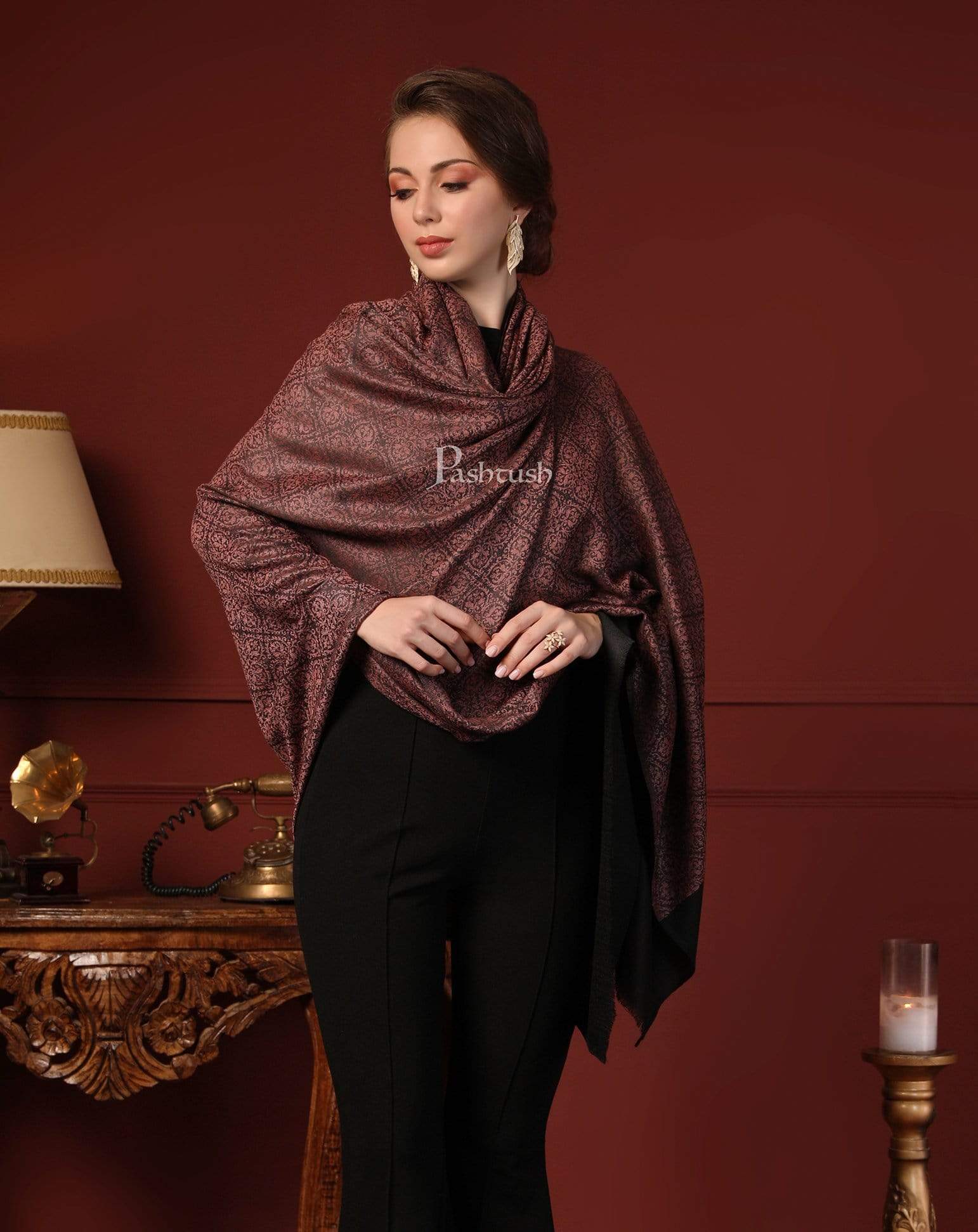 Pashtush Womens Woven Paisley, Self Shawl, In Extra Soft Fine Wool, Large Wrap Size Black - Image 3