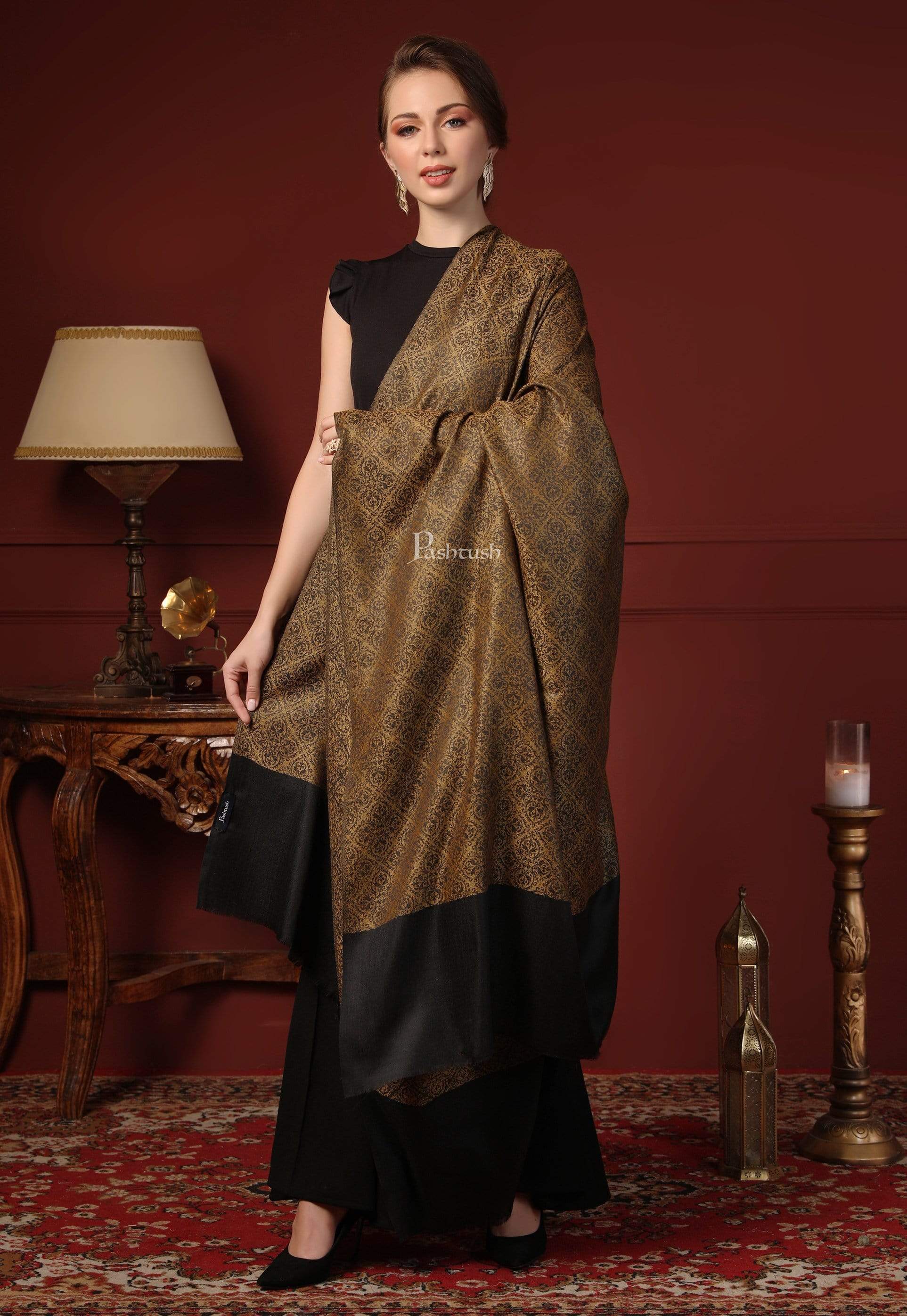 Pashtush Womens Woven Paisley, Self Shawl, In Extra Soft Fine Wool, Large Wrap Size Gold