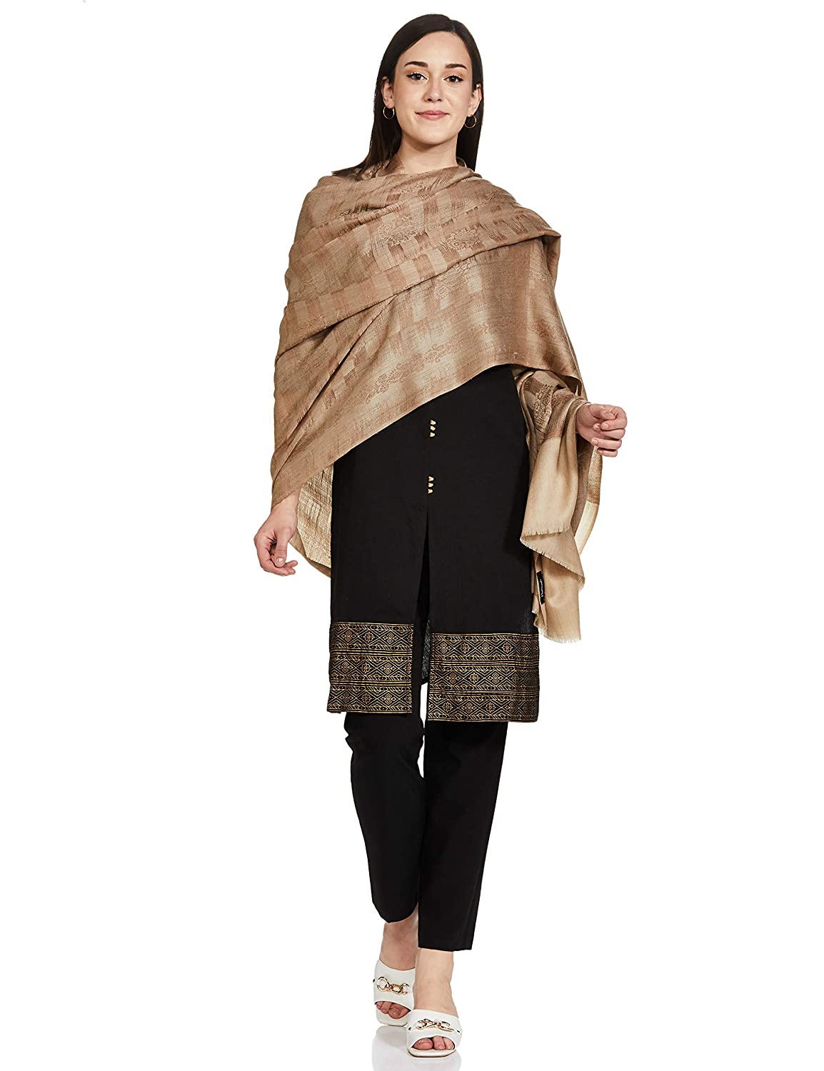 Pashtush Womens Woven Paisley, Self Shawl, In Extra Soft Fine Wool, Large Wrap Size Beige - Image 8