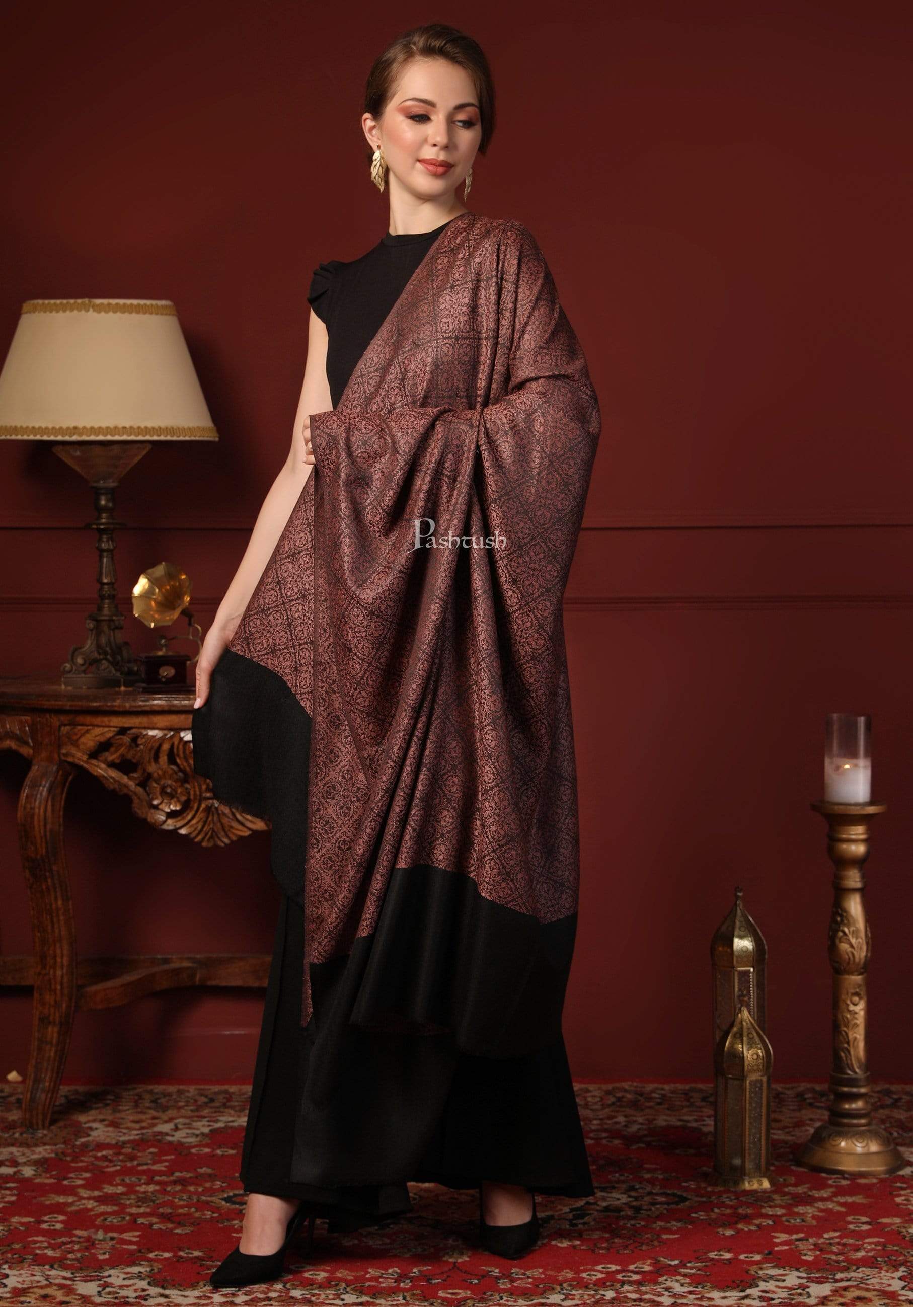 Pashtush Womens Woven Paisley, Self Shawl, In Extra Soft Fine Wool, Large Wrap Size Black - Image 9