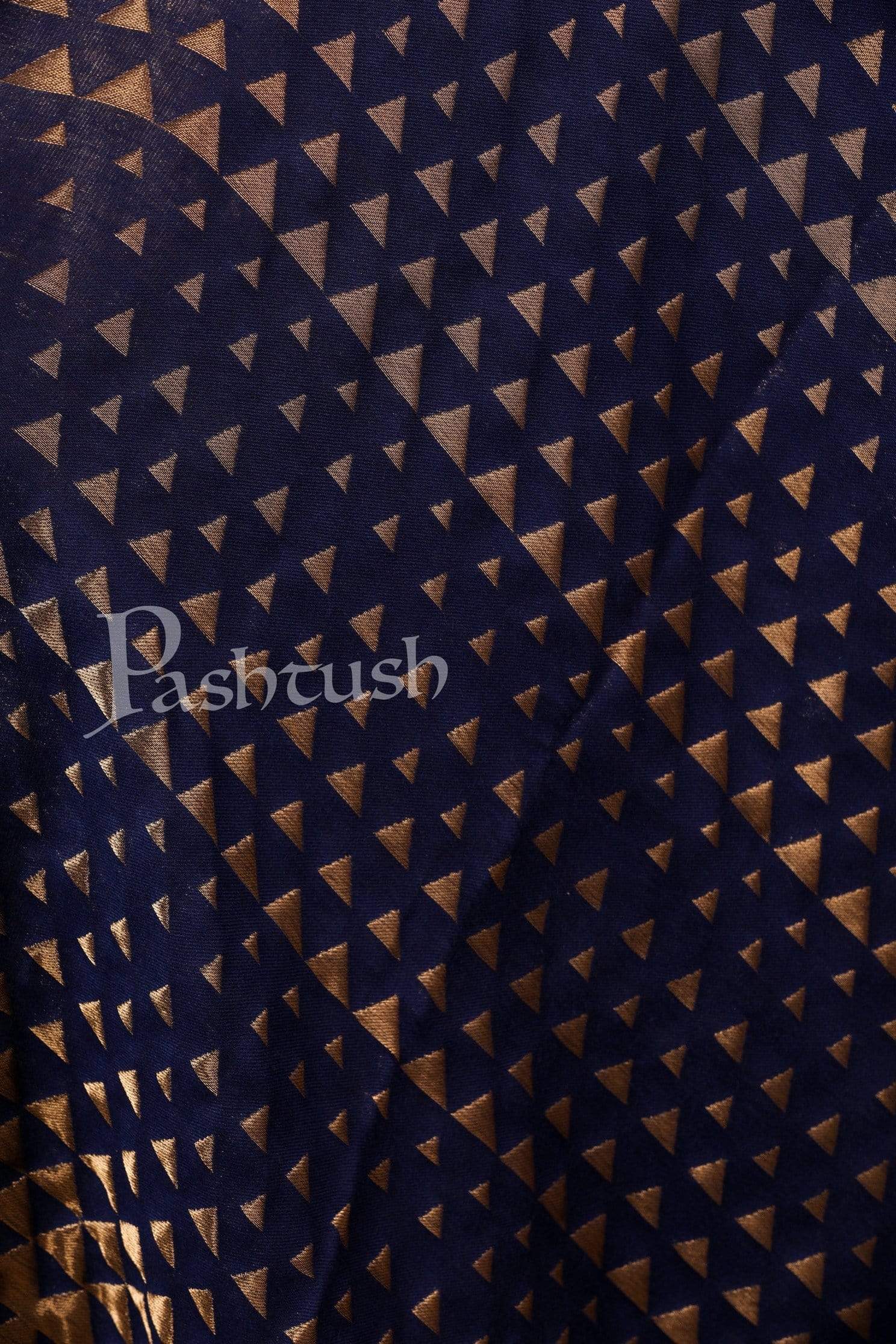 Pashtush Womens Zari Weave Stole, Scarf, Dark Blue And Golden - Image 2