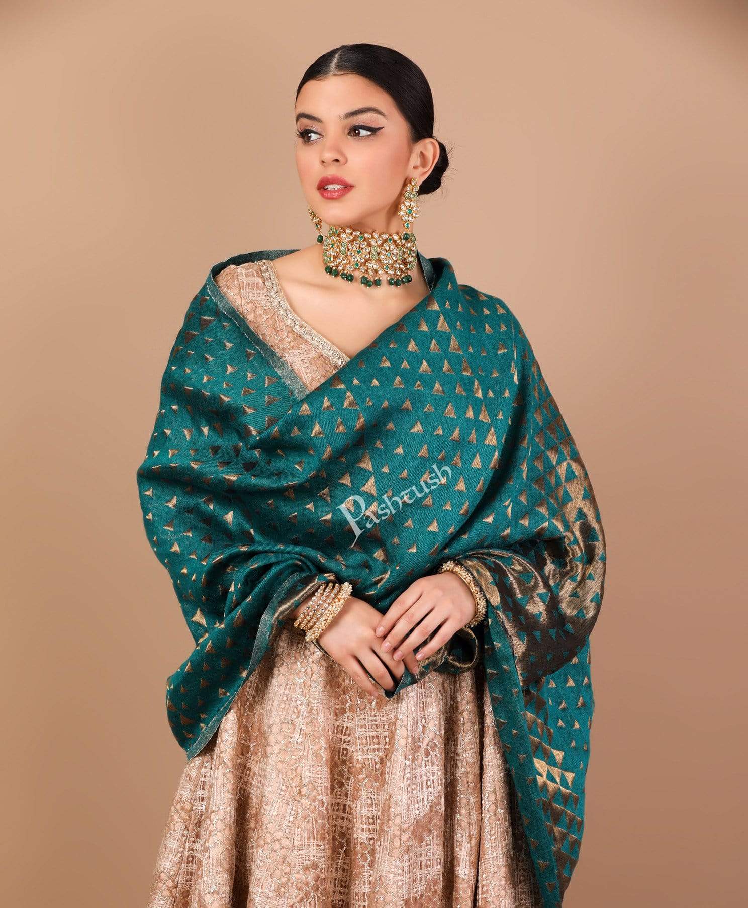 Pashtush Womens Zari Weave Stole, Scarf, Arabic Blue And Gold - Image 4