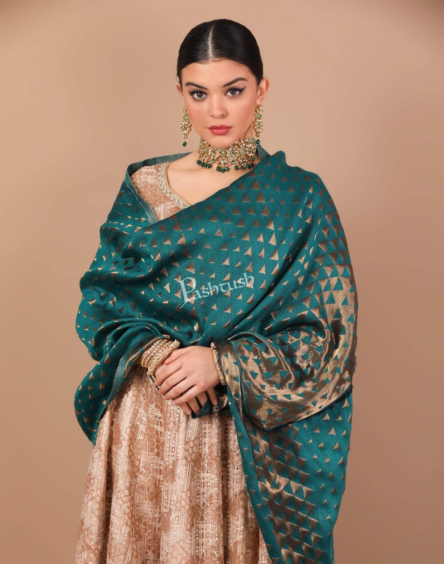 Pashtush Womens Zari Weave Stole, Scarf, Arabic Blue And Gold - Image 5