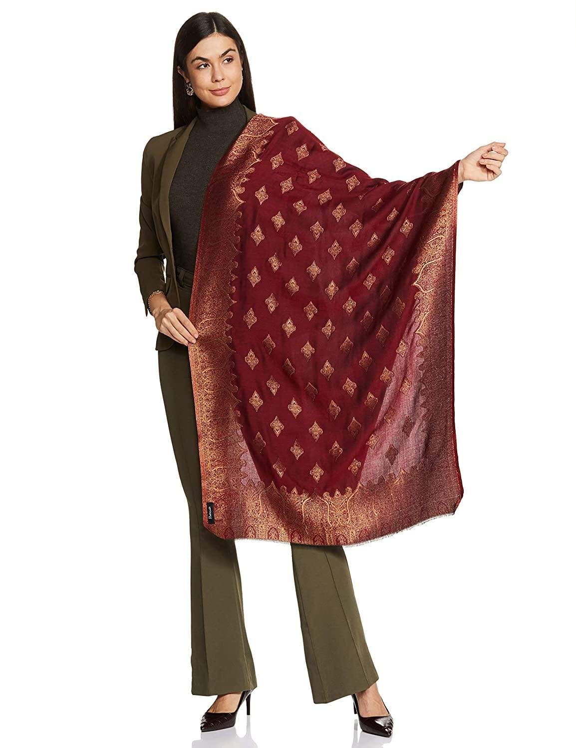 Pashtush Womens Zari Weave Stole, Scarf, Maroon (Twilight)