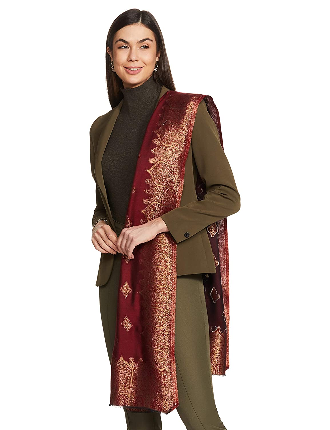 Pashtush Womens Zari Weave Stole, Scarf, Maroon (Twilight) - Image 2