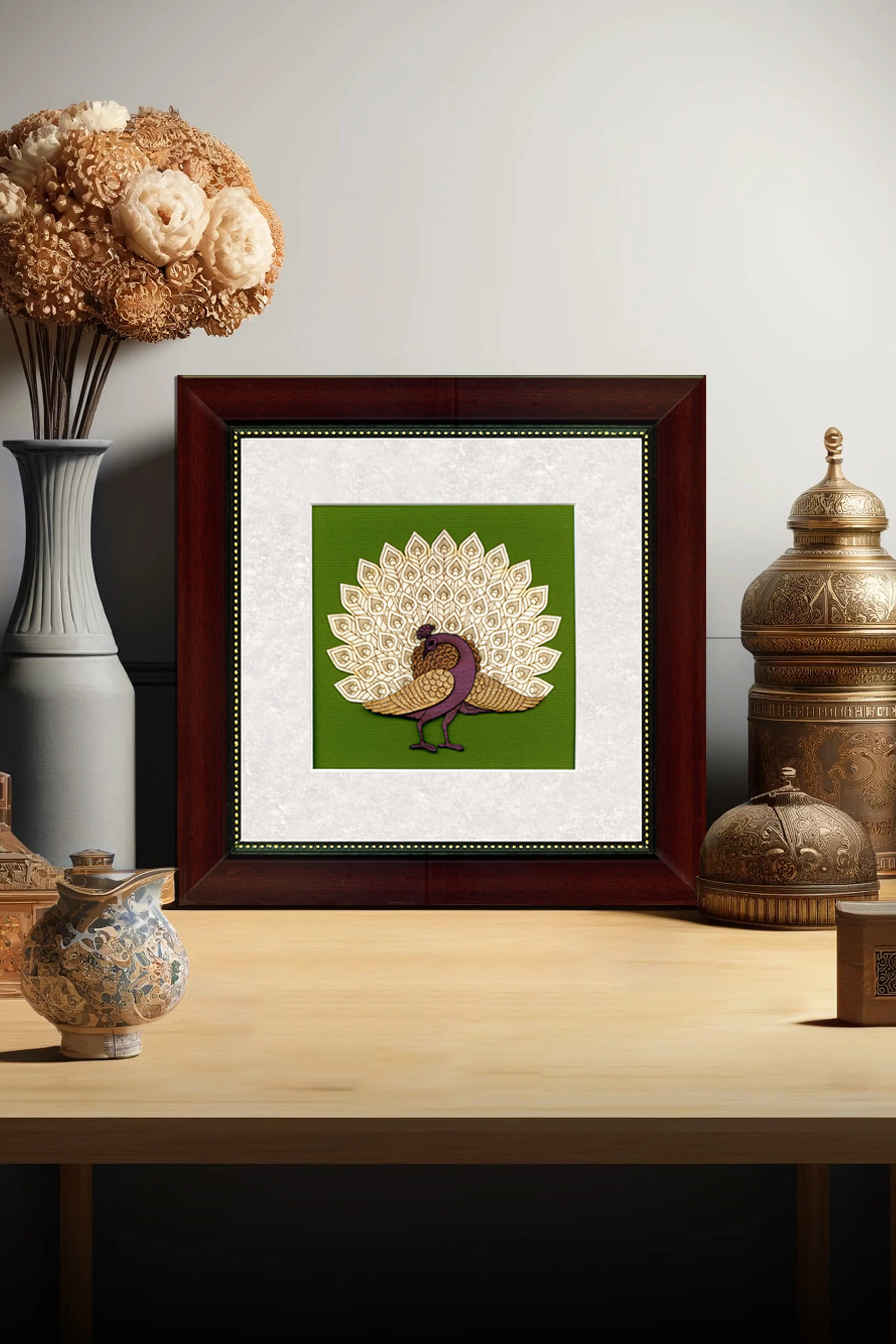 Pashtush Wooden Artwork, Dancing Peacock Wall Art, Made using Multiple Colours of Natural Wood