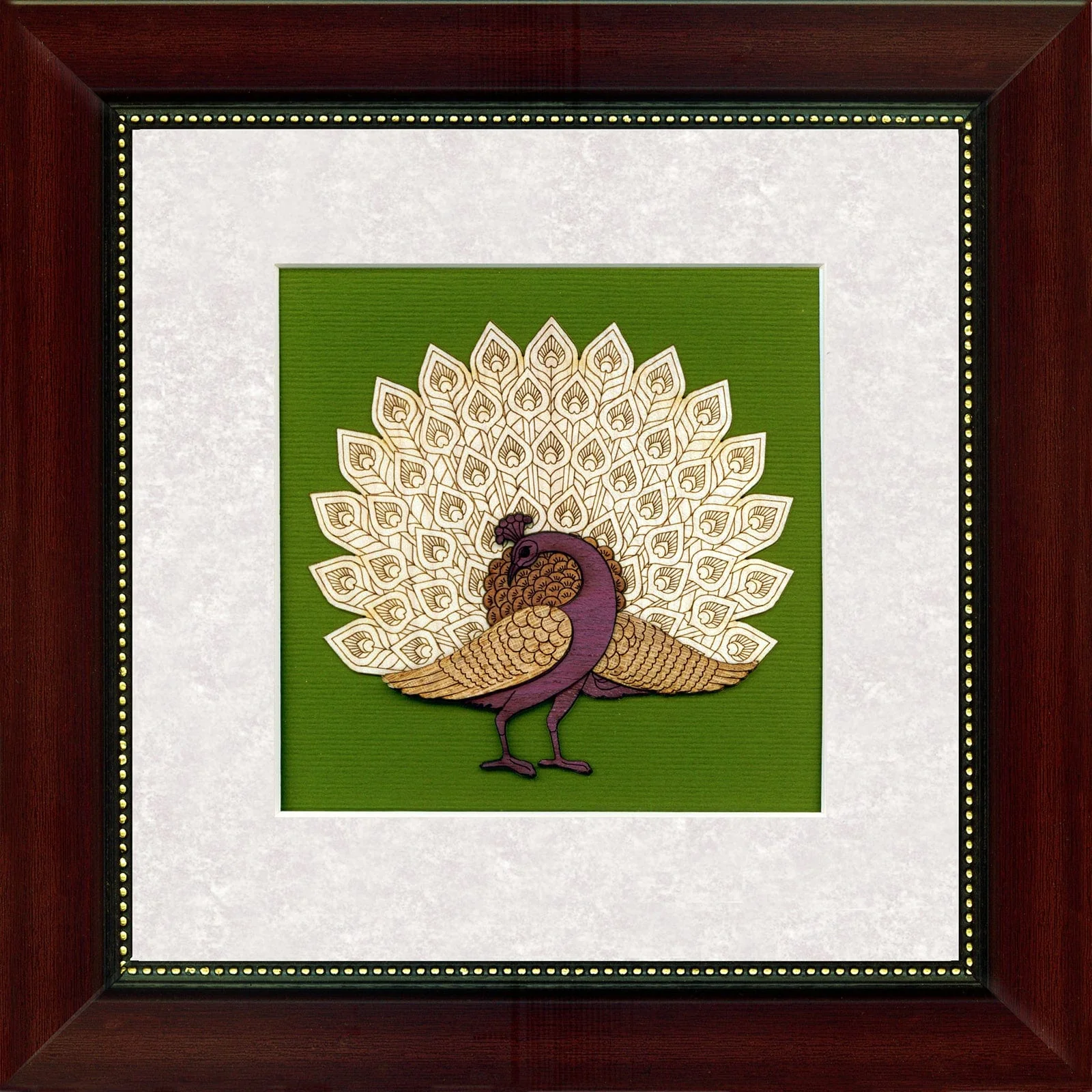Pashtush Wooden Artwork, Dancing Peacock Wall Art, Made using Multiple Colours of Natural Wood - Image 2
