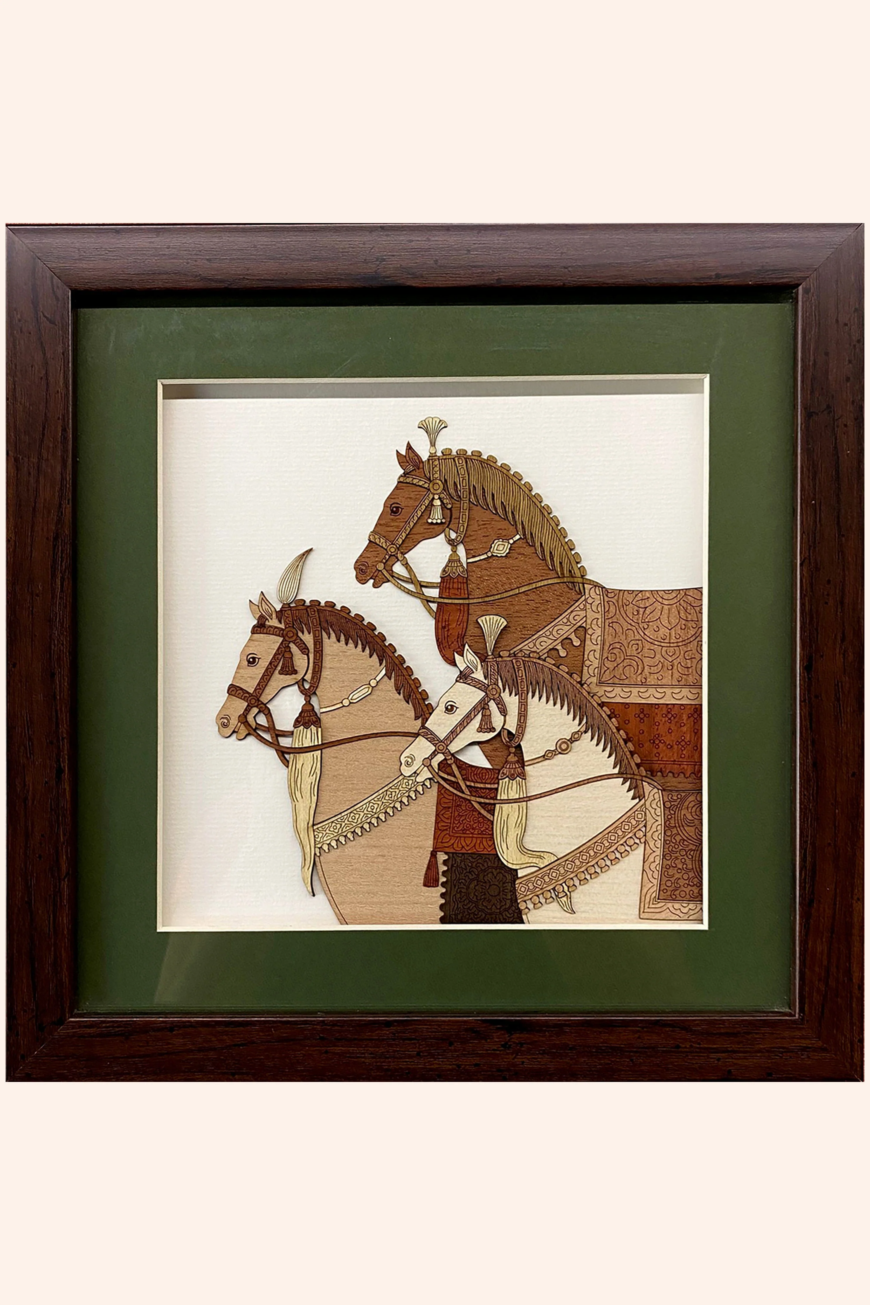 Pashtush Wooden Artwork, The Royal Stallions Wall Art, Intricately Crafted Using Natural Coloured Wood