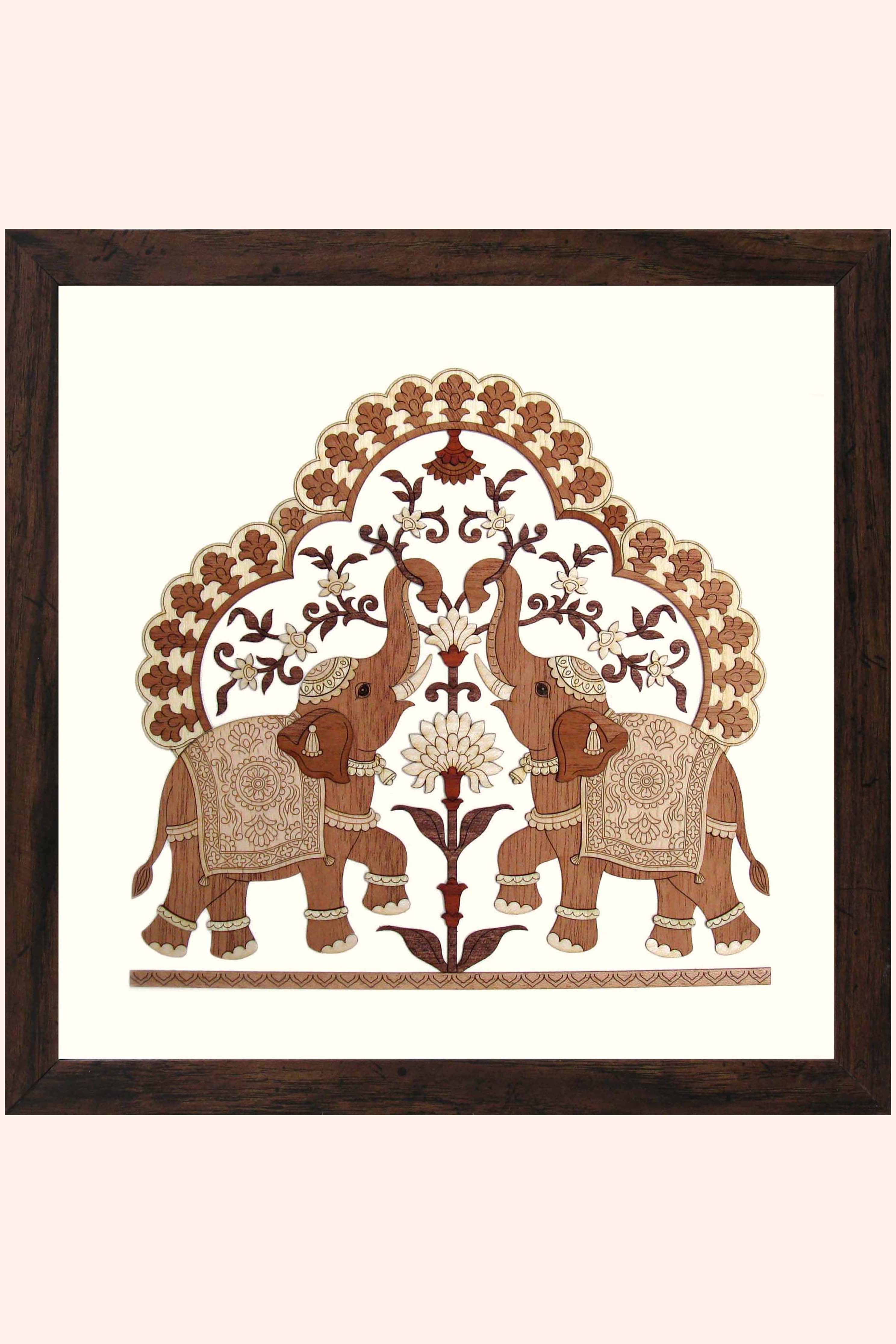 Pashtush Wooden Artwork, The Royal Welcoming Elephants Wall Art, Intricately Crafted Using Natural Coloured Wood
