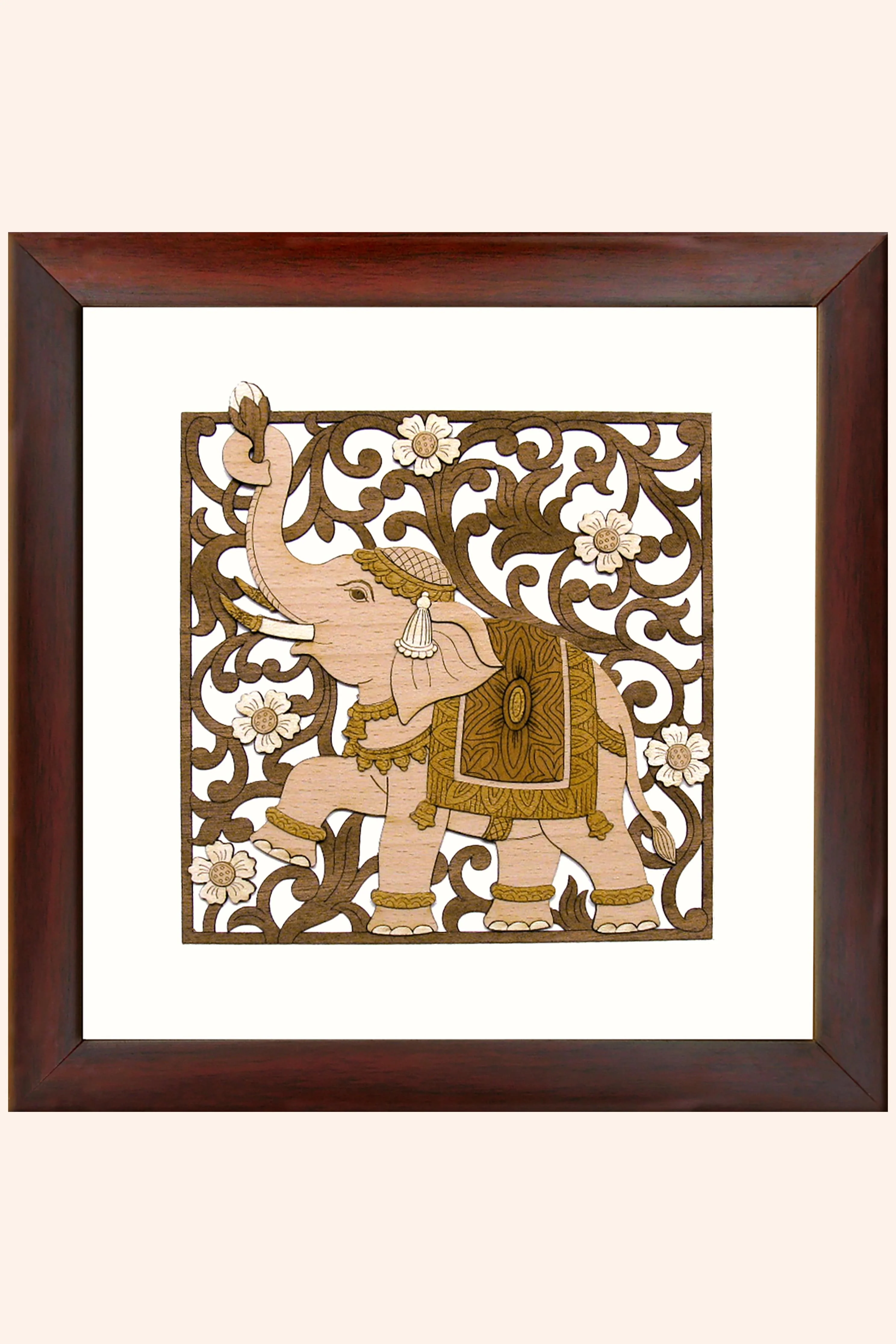 Pashtush Wooden Artwork, Triumphant Elephant Wall Art, Intricately Crafted Using Natural Coloured Wood