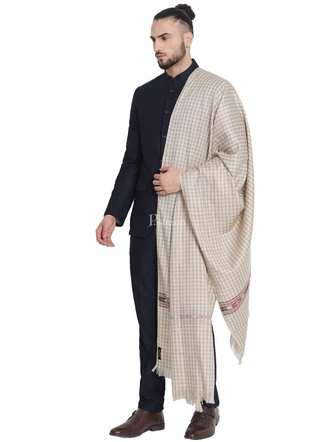 Pashtush Mens Woven Aztec Design Stole In Extra Fine Wool - beige - Image 3
